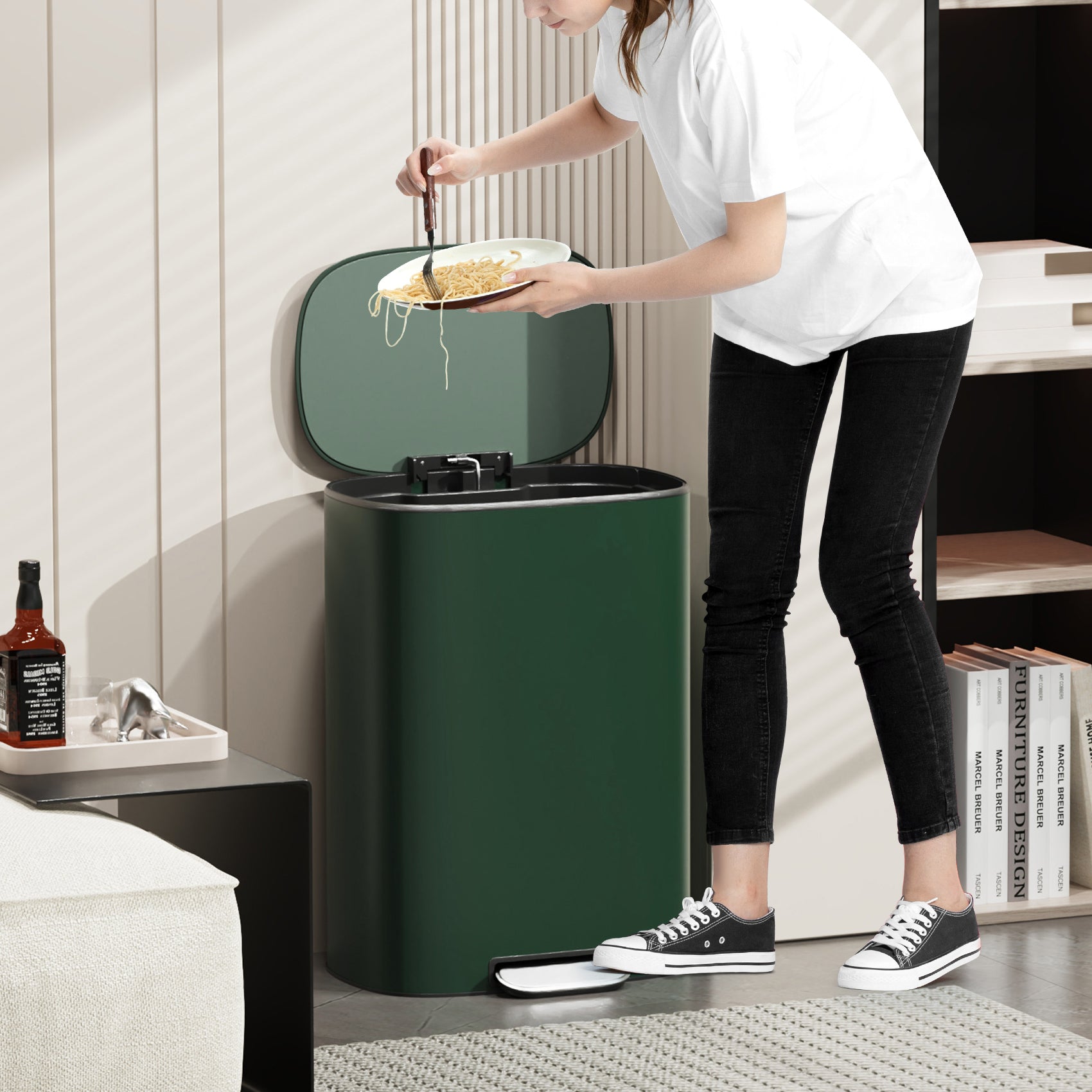 13 Gallon 50L Kitchen Foot Pedal Operated Soft Close Trash Can Stainless Steel Ellipse Bustbin Green Green Steel