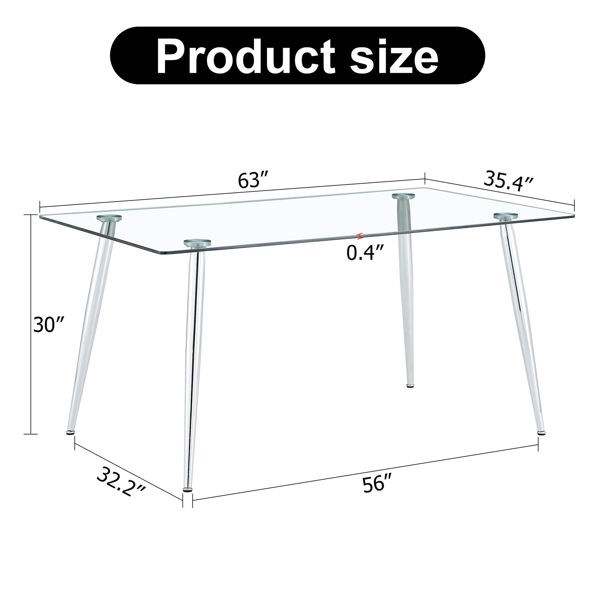 Modern Minimalist Rectangular Glass Dining Table, 0.4 Inch Thick Transparent Tempered Glass Tabletop And Silver Metal Legs, Suitable For Kitchens, Restaurants, And Living Rooms 63"*35.4"*30" Transparent Glass