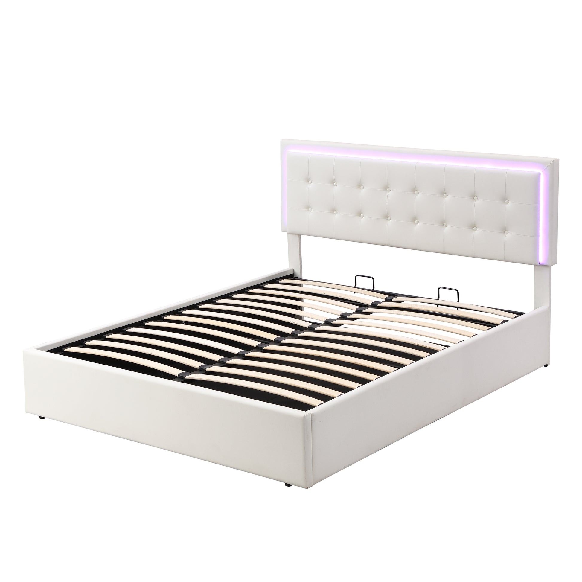 Queen Size Tufted Upholstered Platform Bed With Hydraulic Storage System,Pu Storage Bed With Led Lights,White White Pu