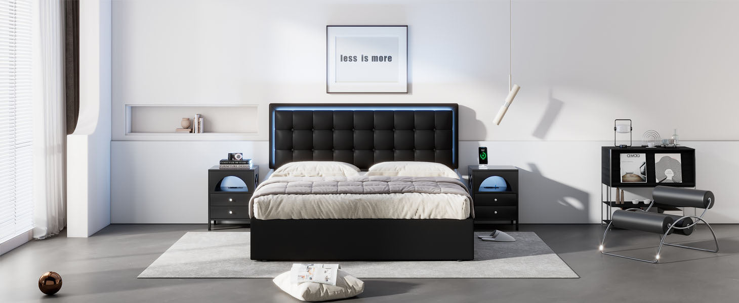 Queen Size Tufted Upholstered Platform Bed With Hydraulic Storage System,Pu Storage Bed With Led Lights,Black Black Pu