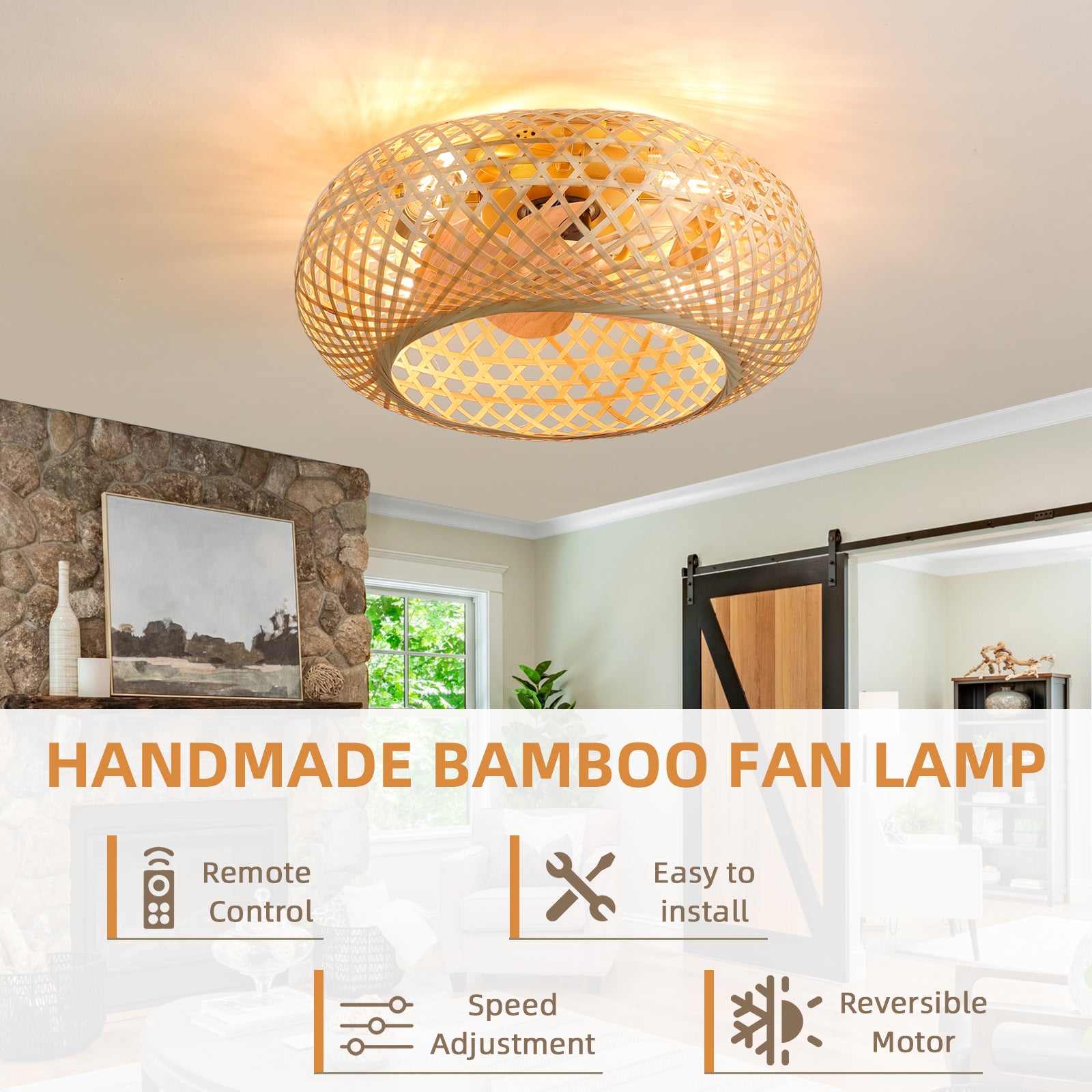 20" Rustic Style Bamboo Woven Ceiling Fan With Lights Note:No On Bulbs Natural Rustic Bamboo