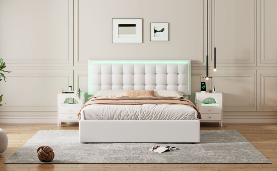 Queen Size Tufted Upholstered Platform Bed With Hydraulic Storage System,Pu Storage Bed With Led Lights,White White Pu