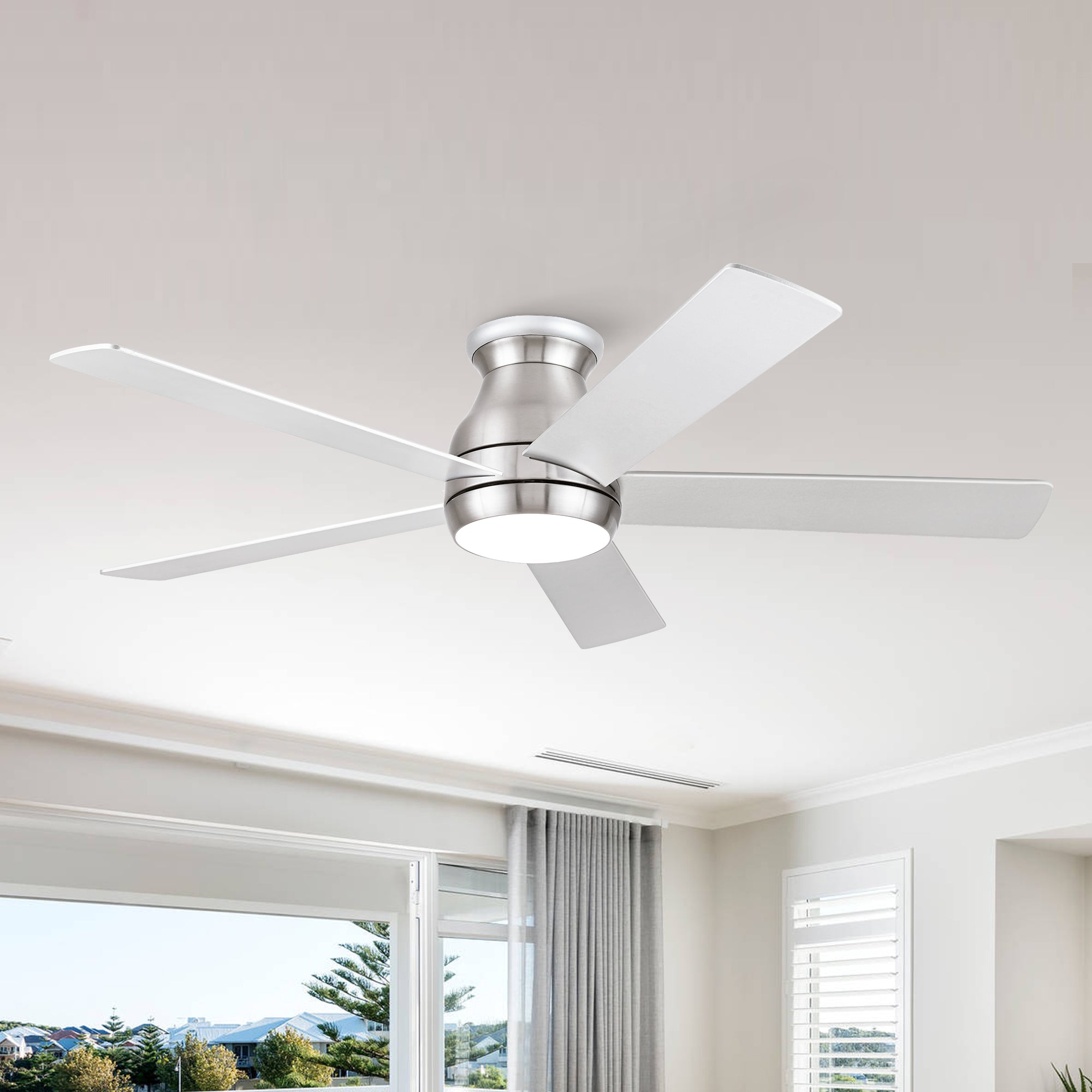 52" Low Profile Ceiling Fan In Brushed Nickel With Silver Blades Silver American Design Plywood Metal & Wood