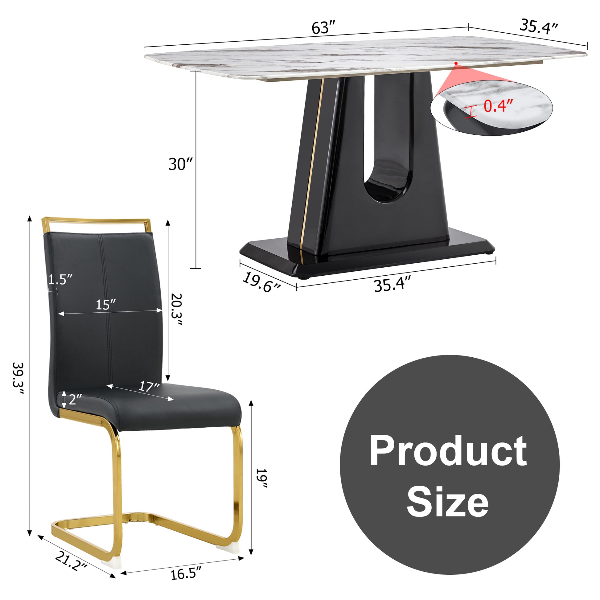 1 Table And 6 Chairs. Modern, Simple And Luxurious White Imitation Marble Rectangular Dining Table And Desk With 6 Black Pu Gold Plated Leg Chairs 63'' X 35.4'' X 30'' White Black Mdf