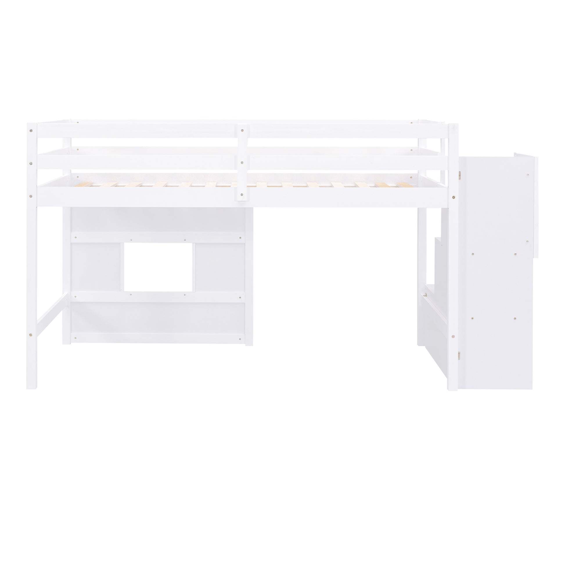 Twin Size Loft Bed With Storage Staircase And Window, White Box Spring Not Required Twin White Wood Bedroom Solid Wood Mdf