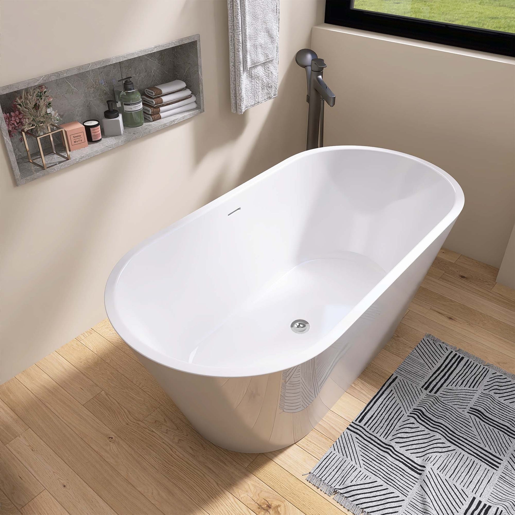 67" Acrylic Free Standing Tub Classic Oval Shape Soaking Tub, Adjustable Freestanding Bathtub With Integrated Slotted Overflow And Chrome Pop Up Drain Anti Clogging Gloss White Gloss White Oval Bathroom Freestanding Tubs Polished 61 69 In Modern Soaking