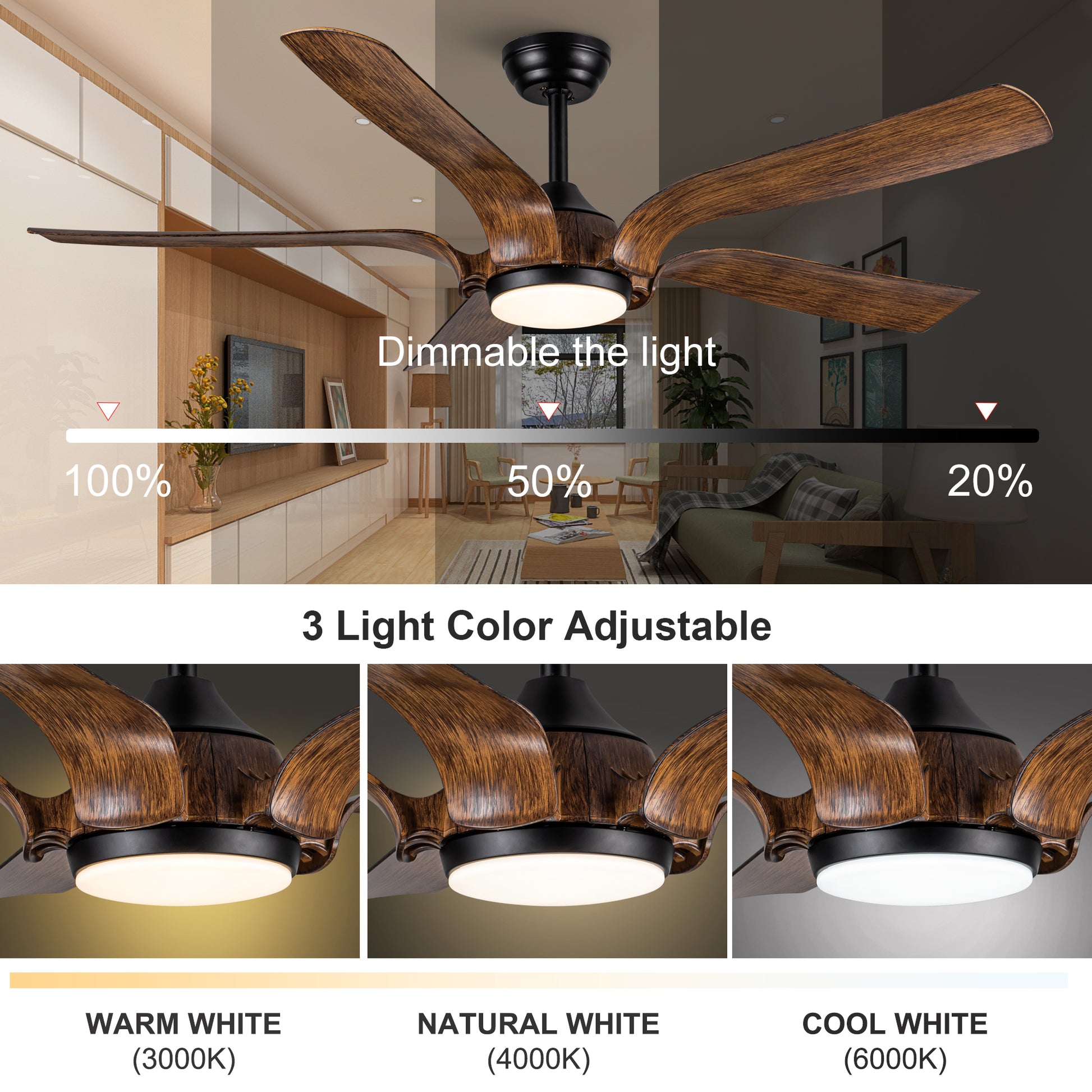 Smart 56" Integrated Led Ceiling Fan With Antique Brown Blades In Matte Black Fan Body Finish Antique Brown Abs