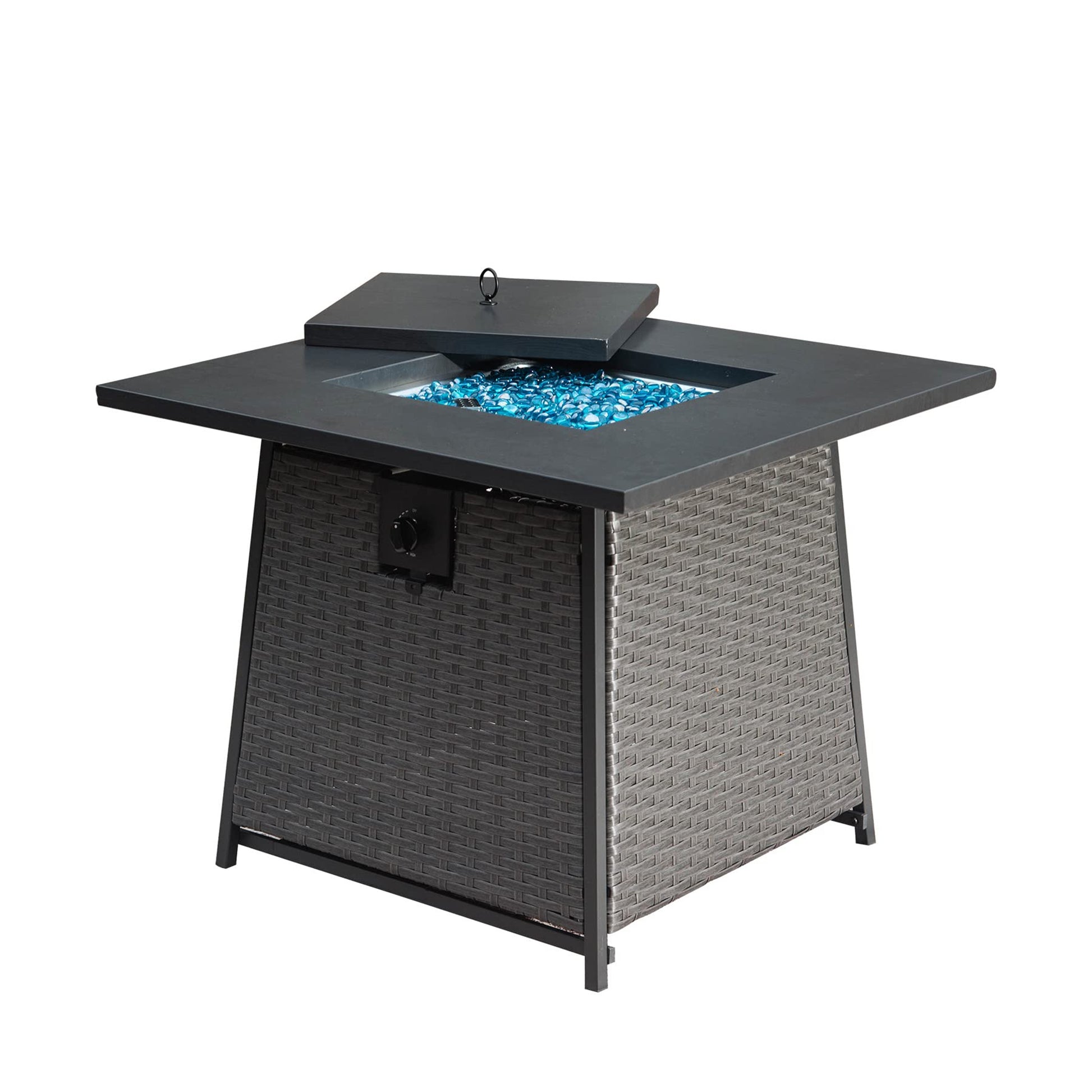 32 Inch Propane Fire Pits Table With Blue Glass Ball,50,000 Btu Outdoor Wicker Fire Table With Etl Certified,2 In 1 Square Steel Gas Firepits Dark Gray Dark Gray Metal