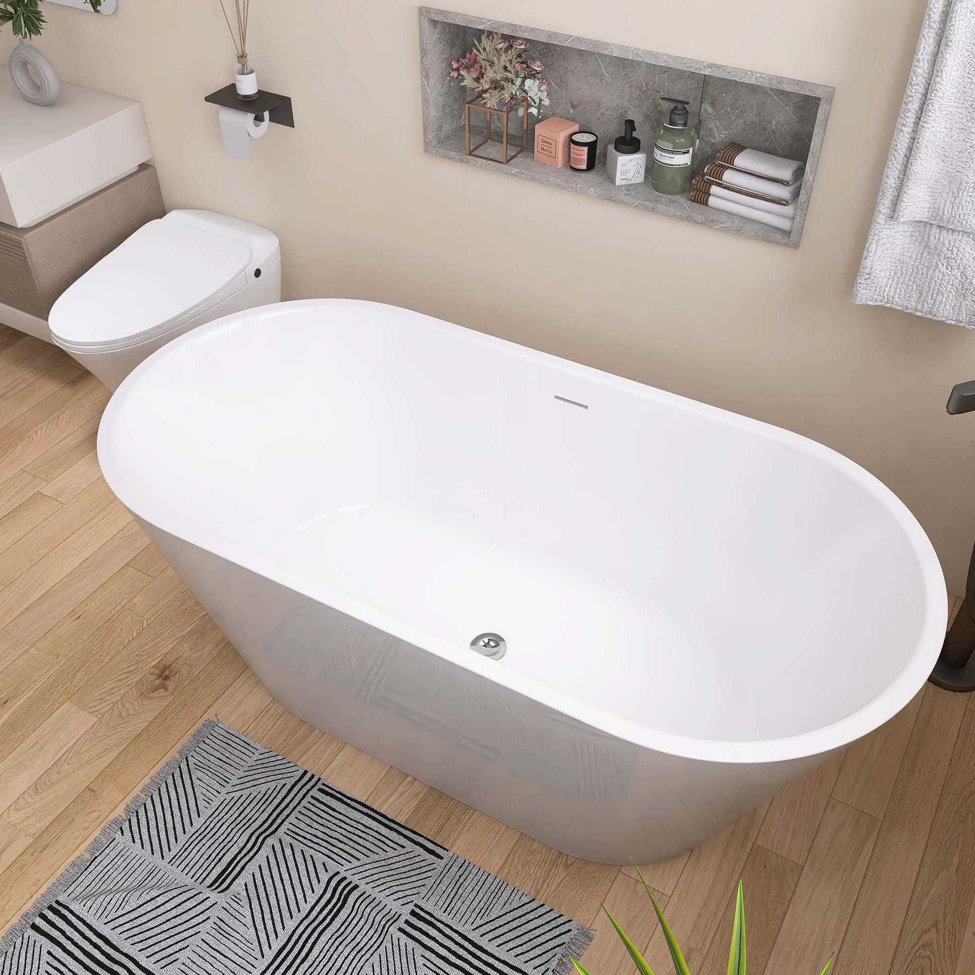 59" Acrylic Freestanding Bathtub, Gracefully Shaped Freestanding Soaking Bathtub With Brushed Nickel Drain & Minimalist Linear Design Overflow White Gloss White Oval Bathroom Freestanding Tubs Polished 59 61 In Modern Soaking Center Acrylic Acrylic