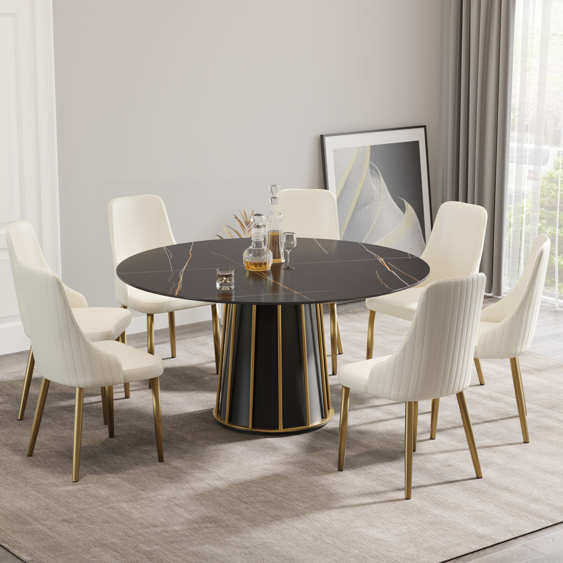 59.05"Modern Artificial Stone Round Black Metal Iron Base Dining Table Can Accommodate 8 People. Not Including Chairs Black Dining Room Metal Sintered Stone