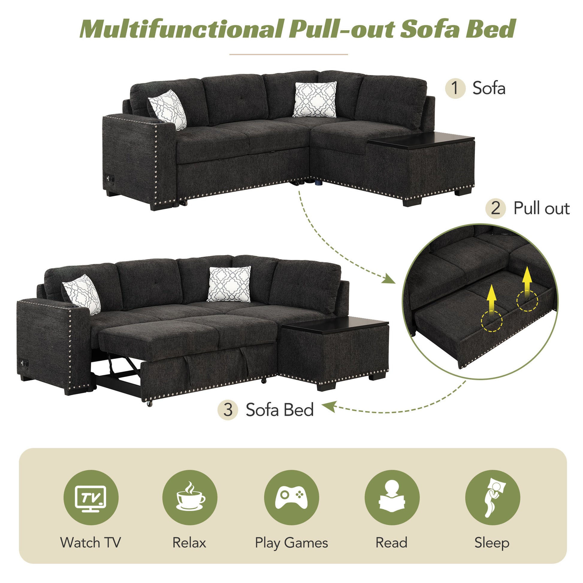 83.8" Sectional Pull Out Sofa Bed L Shaped Corner Sofa Couch With Storage Chaise, Usb Ports, Power Sockets, Cup Holder For Living Room, Bedroom, Study, Black Black Foam Chenille