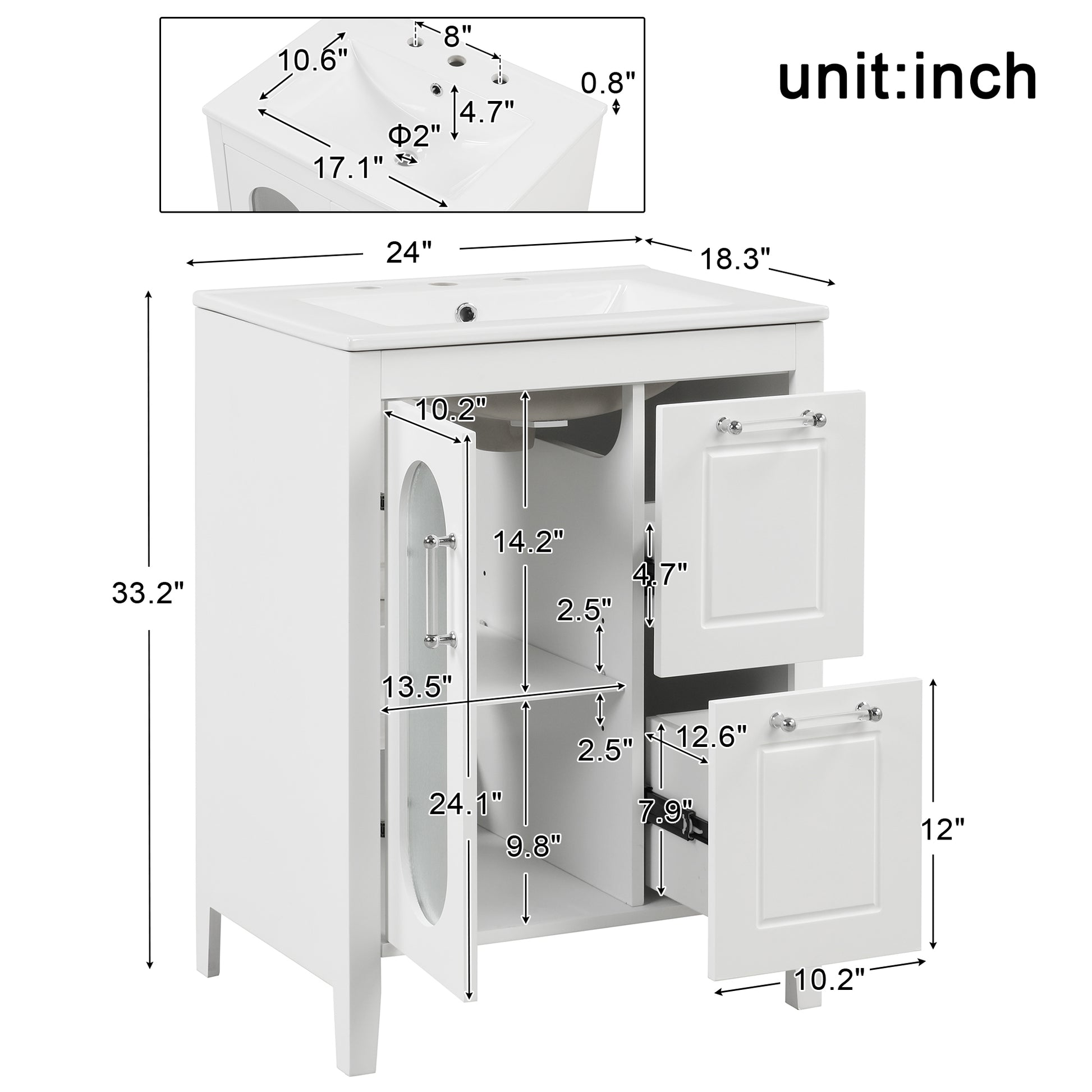 24" Bathroom Vanity With Sink, Bathroom Vanity Cabinet With Two Drawers And Door, Adjustable Shelf, Solid Wood And Mdf, White White Solid Wood Mdf