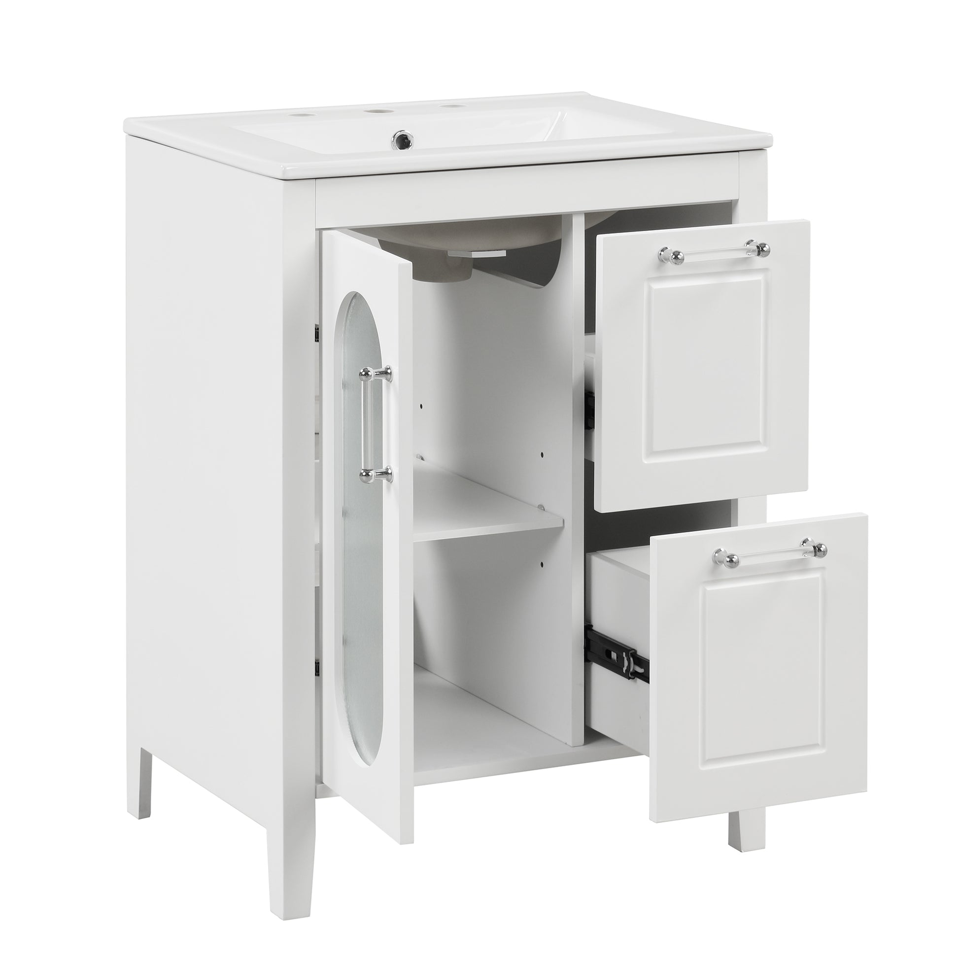 24" Bathroom Vanity With Sink, Bathroom Vanity Cabinet With Two Drawers And Door, Adjustable Shelf, Solid Wood And Mdf, White White Solid Wood Mdf