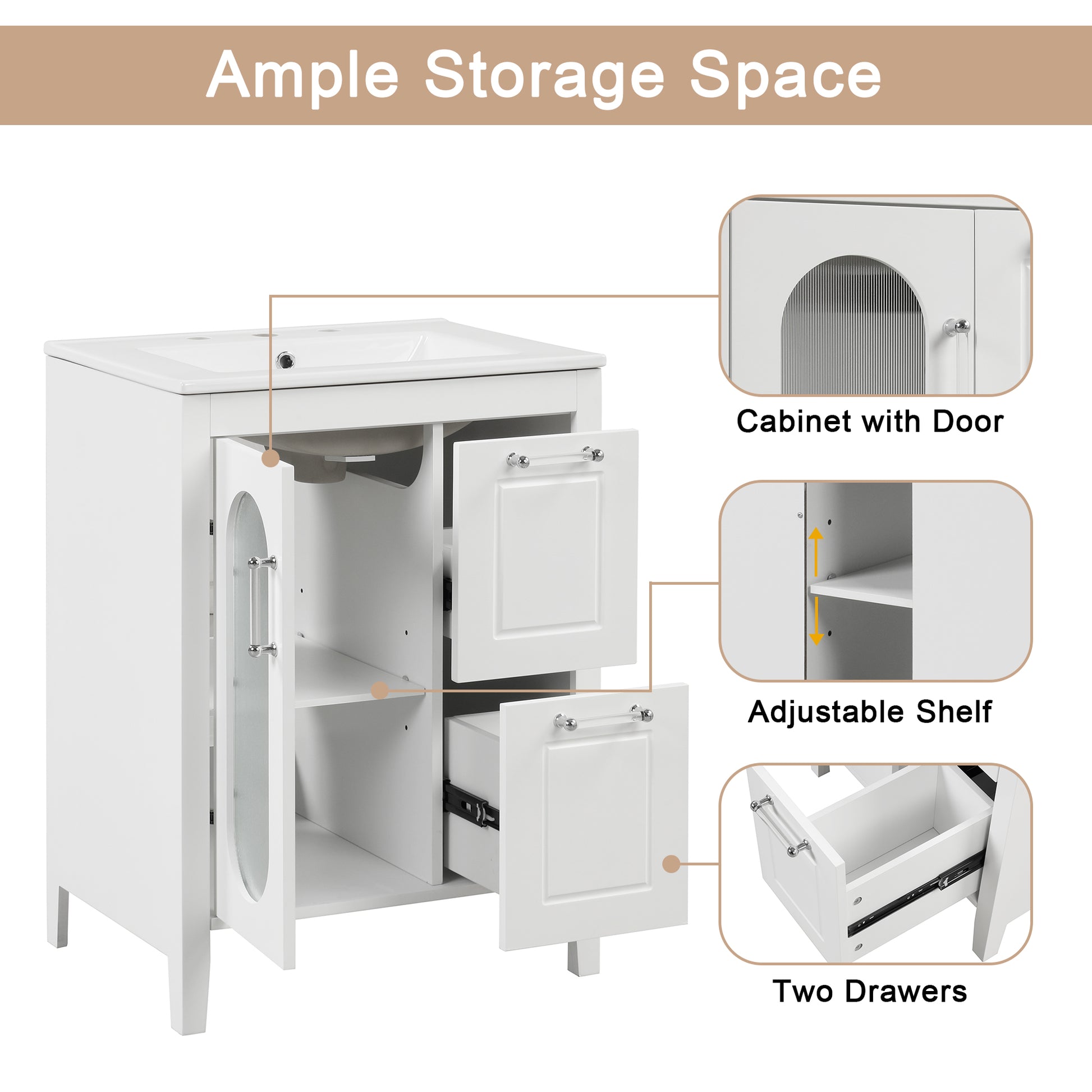 24" Bathroom Vanity With Sink, Bathroom Vanity Cabinet With Two Drawers And Door, Adjustable Shelf, Solid Wood And Mdf, White Old Sku:Wf309411Aak White Solid Wood Mdf