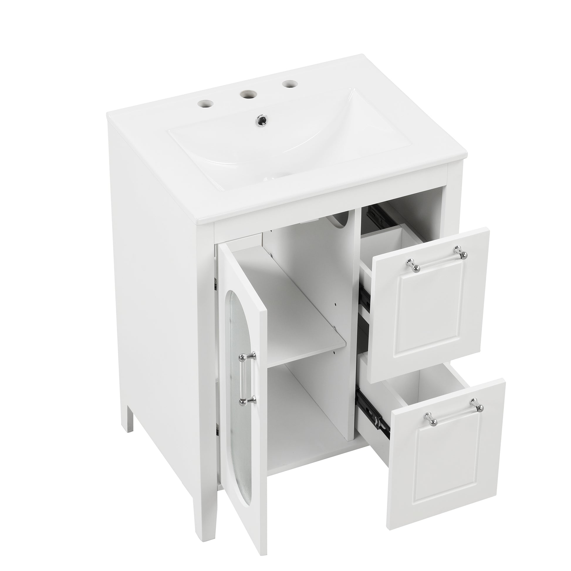 24" Bathroom Vanity With Sink, Bathroom Vanity Cabinet With Two Drawers And Door, Adjustable Shelf, Solid Wood And Mdf, White White Solid Wood Mdf