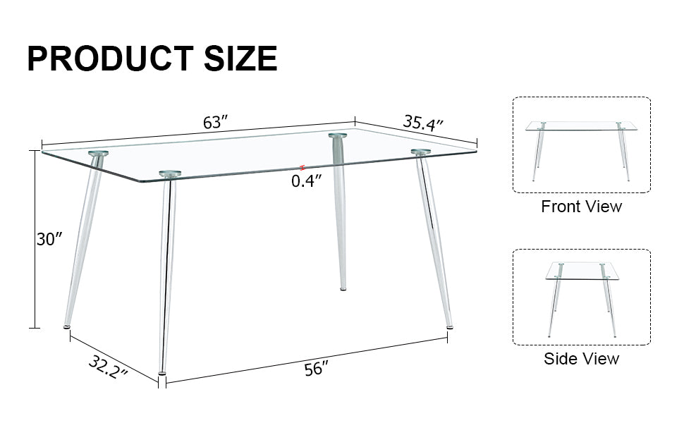 Modern Minimalist Rectangular Glass Dining Table, 0.4 Inch Thick Transparent Tempered Glass Tabletop And Silver Metal Legs, Suitable For Kitchens, Restaurants, And Living Rooms 63"*35.4"*30" Transparent Glass