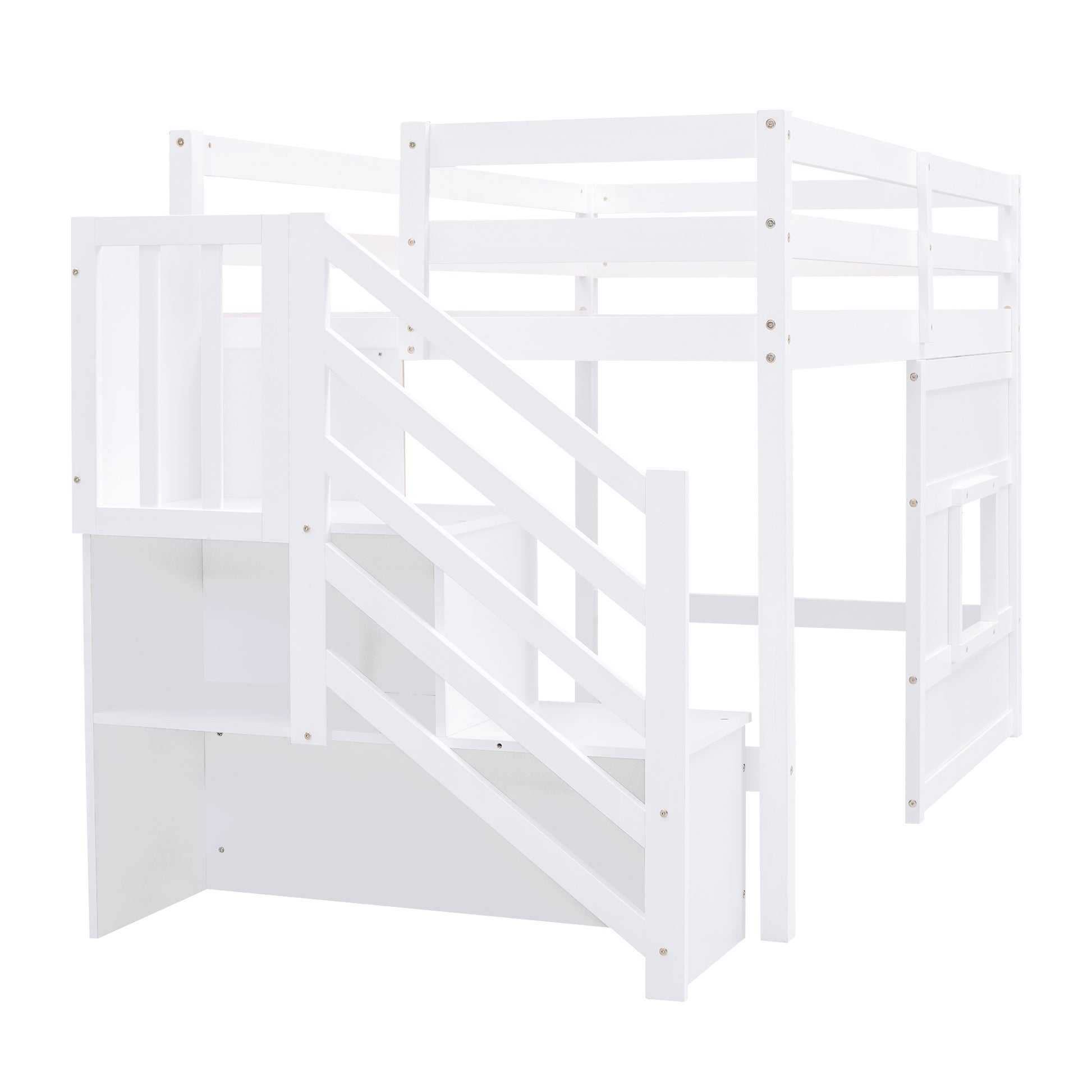 Twin Size Loft Bed With Storage Staircase And Window, White Box Spring Not Required Twin White Wood Bedroom Solid Wood Mdf