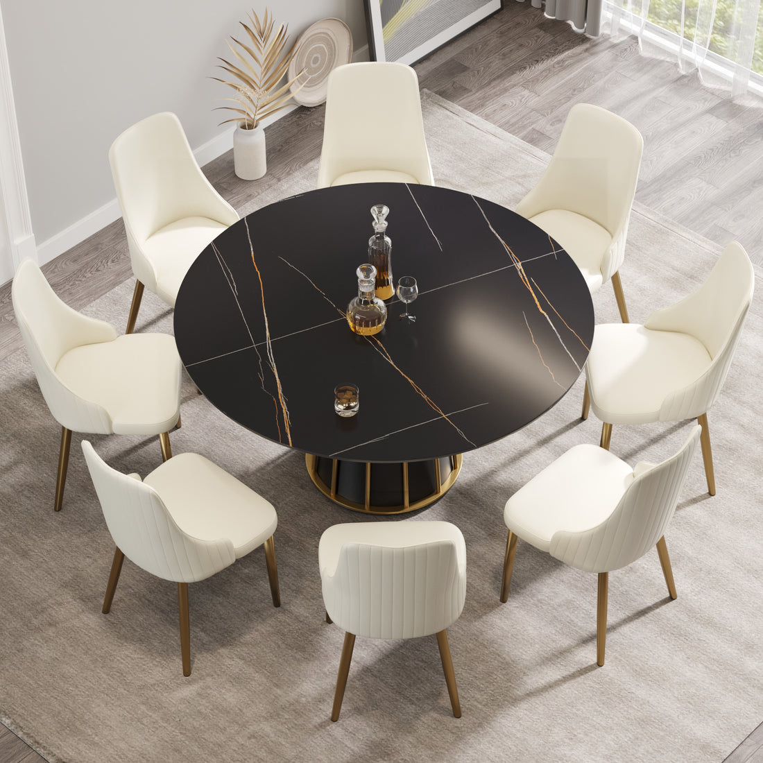 59.05"Modern Artificial Stone Round Black Metal Iron Base Dining Table Can Accommodate 8 People. Not Including Chairs Black Dining Room Metal Sintered Stone