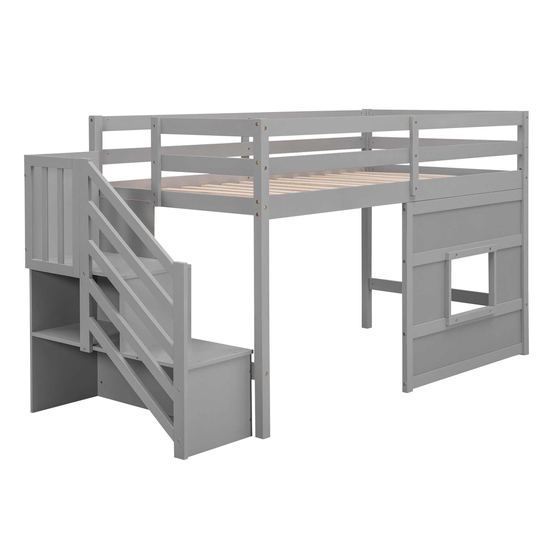 Twin Size Loft Bed With Storage Staircase And Window, Gray Box Spring Not Required Twin Gray Wood Bedroom Solid Wood Mdf