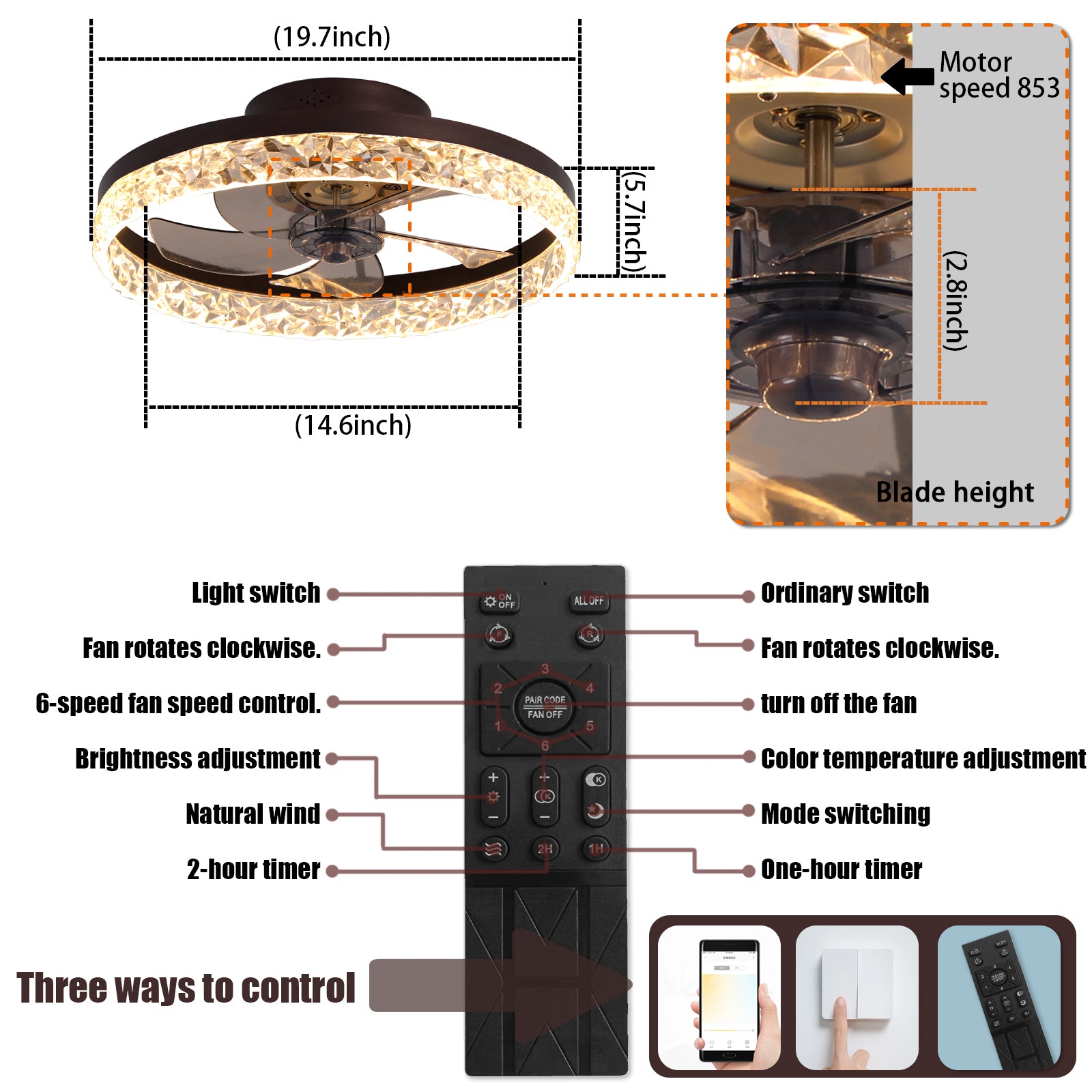 Low Profile Ceiling Fan With Light And Remote Control, Dimmable Led Ceiling Fan, 6 Speeds, Timing Reversible Blades, Brown, 20" Brown Modern Abs Aluminium