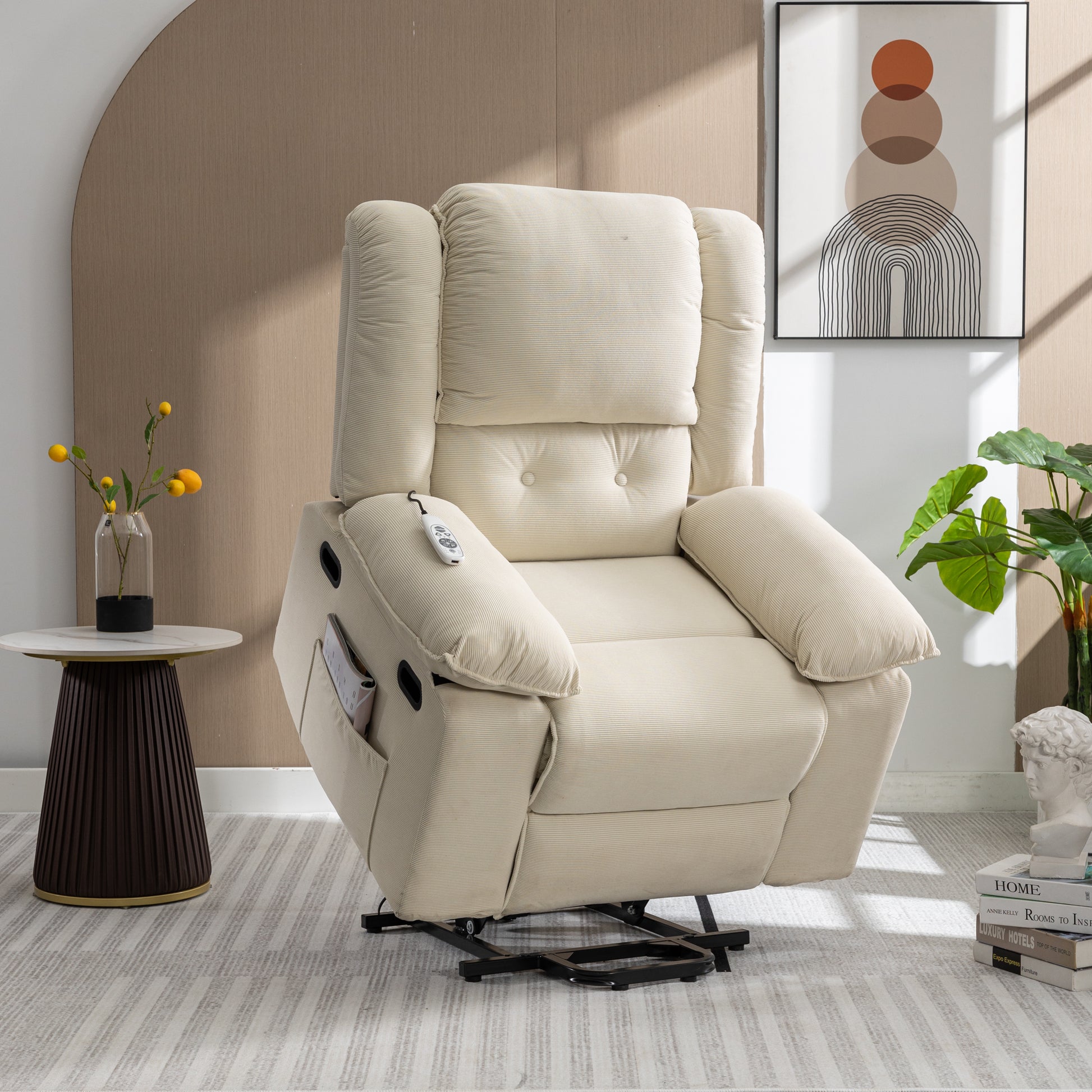 Massage Recliner,Power Lift Chair For Elderly With Adjustable Massage And Heating Function,Recliner Chair With Infinite Position And Side Pocket For Living Room ,Beige Beige Foam Corduroy