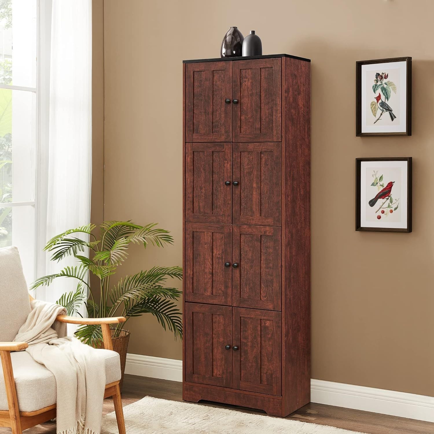 Tall Storage Cabinet With 8 Doors And 4 Shelves, Wall Storage Cabinet For Living Room, Kitchen, Office, Bedroom, Bathroom, Walnut Walnut Mdf Mdf