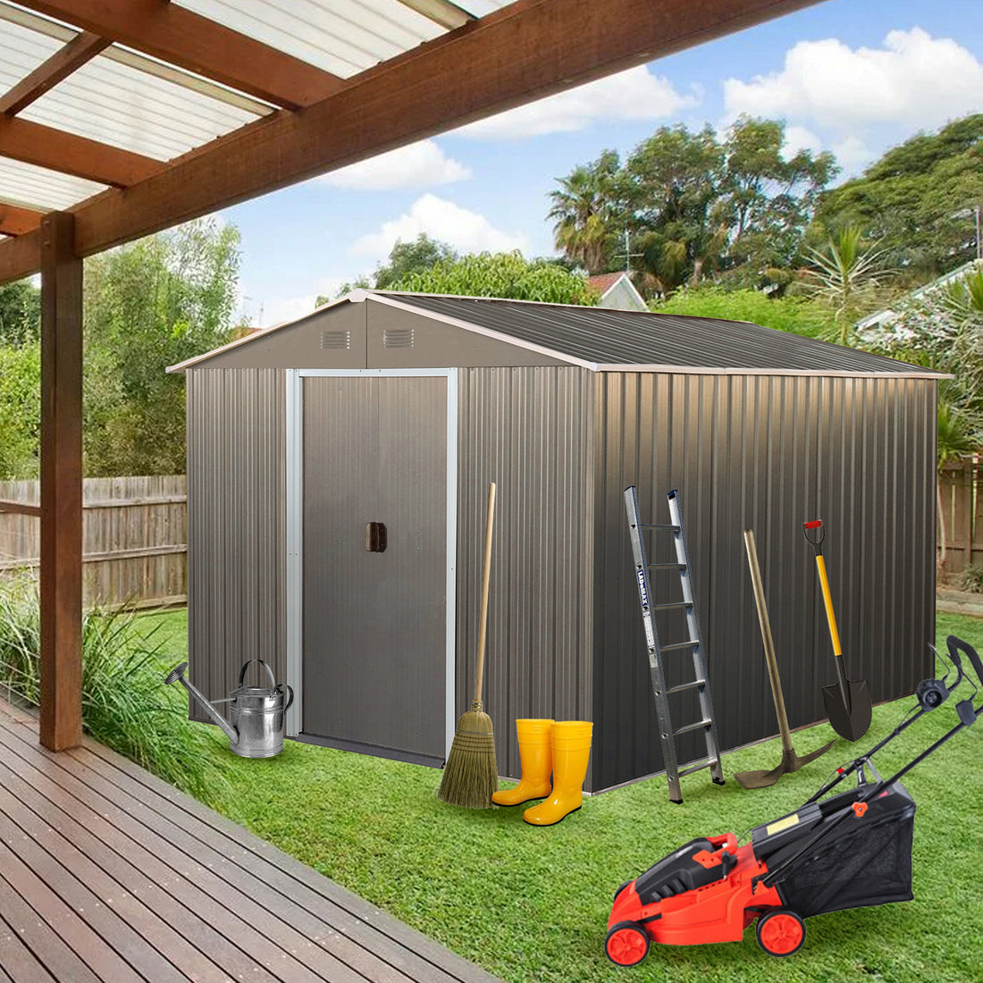 8X10Ft Outdoor Metal Storage Shed Grey Gray Iron