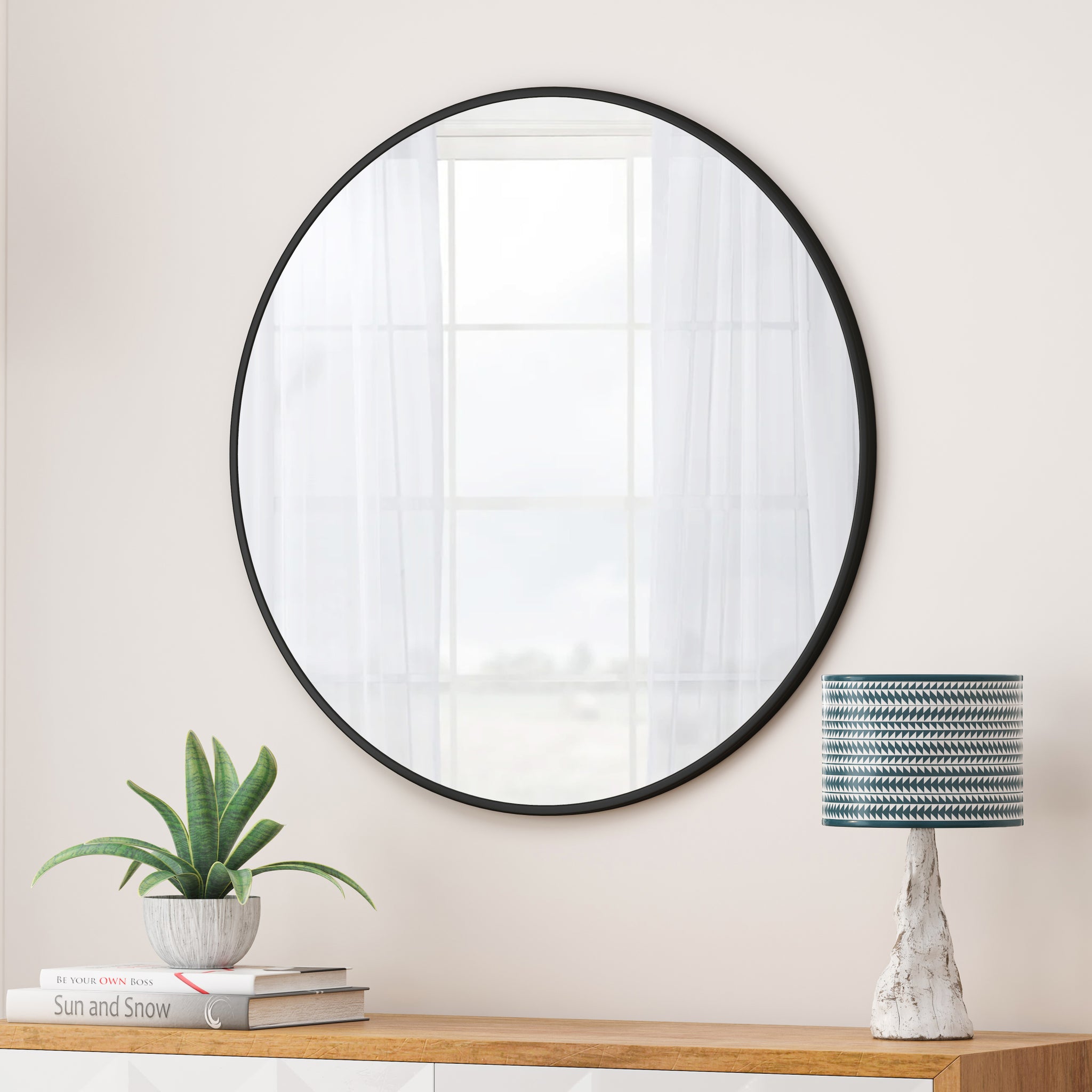 Wall Mirror 36 Inch Black Circular Mirror Metal Framed Mirror Round Vanity Mirror Dressing Mirror, For Bathroom, Living Room, Bedroom Wall Decor Black Glass