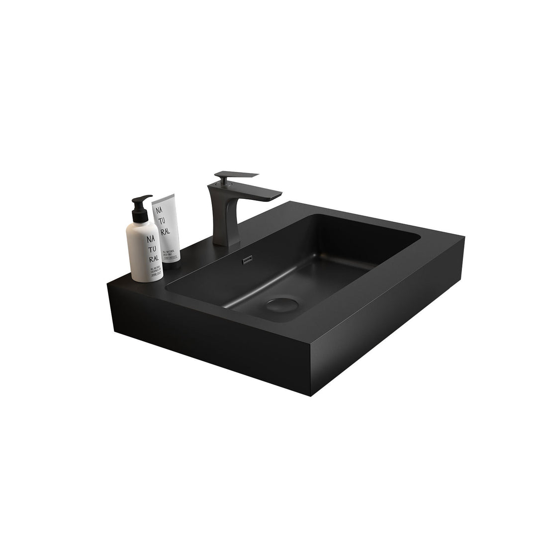 Bb02 24 109, Integrated Engineered Quartz Basin Without Drain And Faucet, Matt Black Color Matt Black Quartz