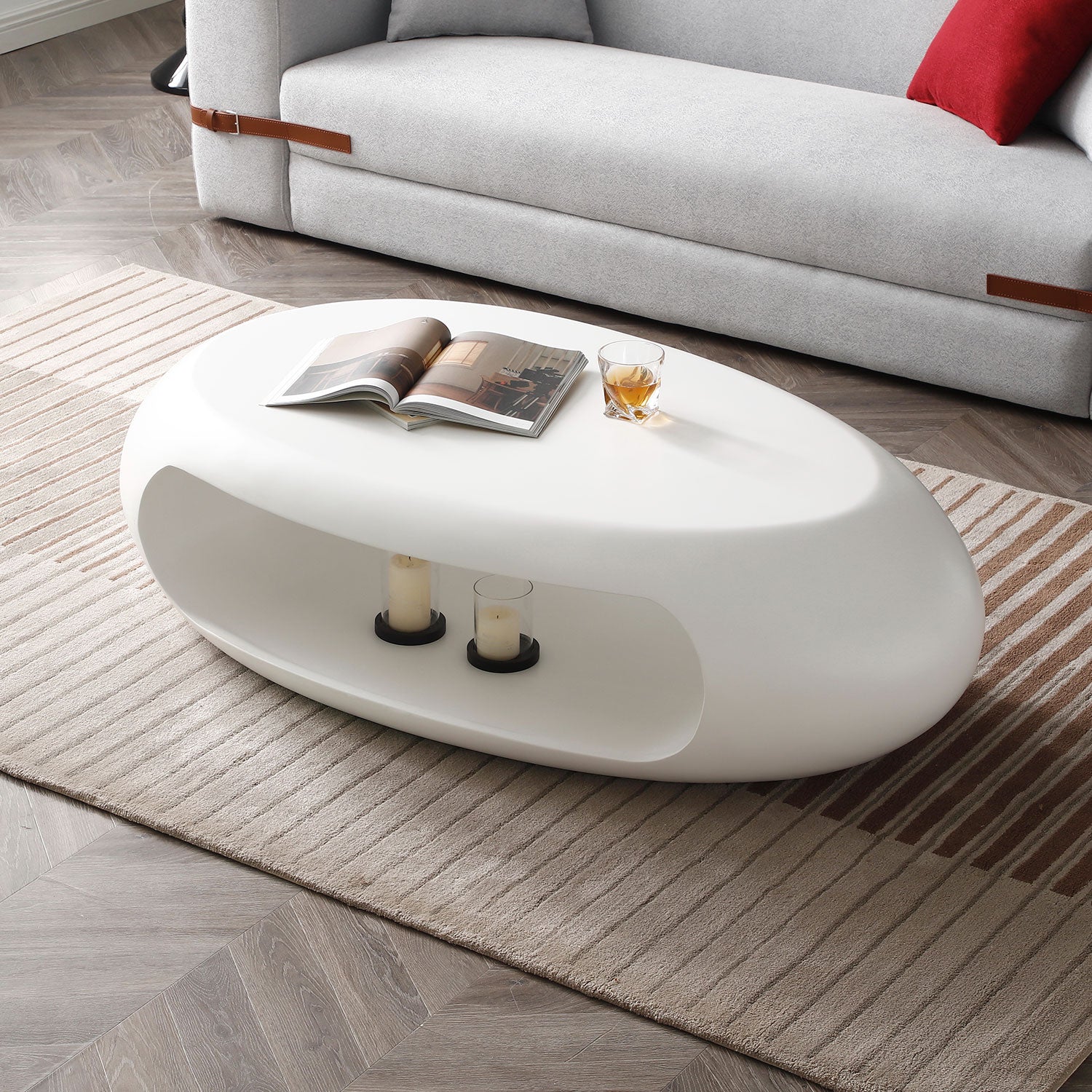 53.93" Oval Coffee Table, Sturdy Fiberglass Table For Living Room, White, No Need Assembly White Fiberglass