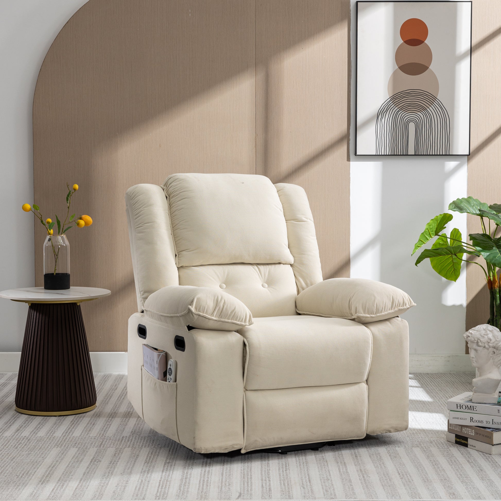 Massage Recliner,Power Lift Chair For Elderly With Adjustable Massage And Heating Function,Recliner Chair With Infinite Position And Side Pocket For Living Room ,Beige Beige Foam Corduroy