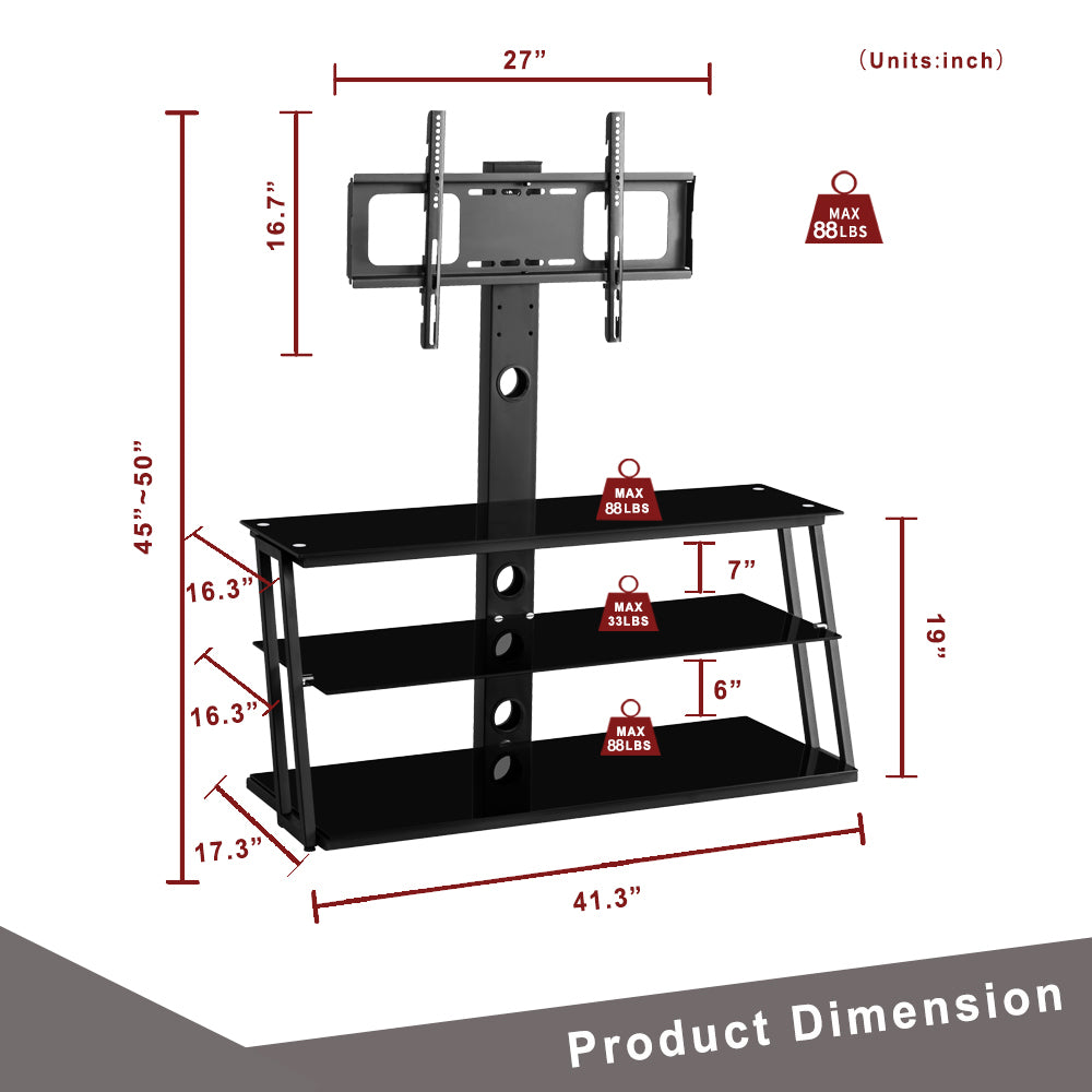 Black Multi Function Angle And Height Adjustable Tempered Glass Tv Stand Black 70 79 Inches Glass