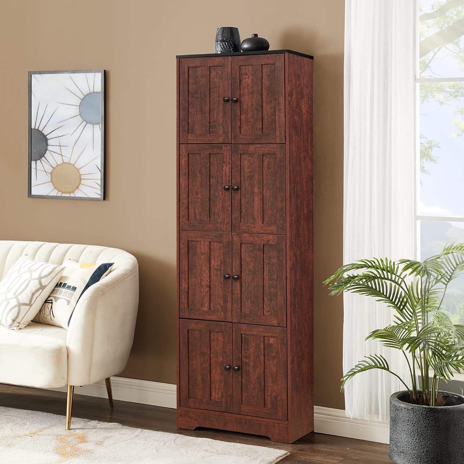 Tall Storage Cabinet With 8 Doors And 4 Shelves, Wall Storage Cabinet For Living Room, Kitchen, Office, Bedroom, Bathroom, Walnut Walnut Mdf Mdf