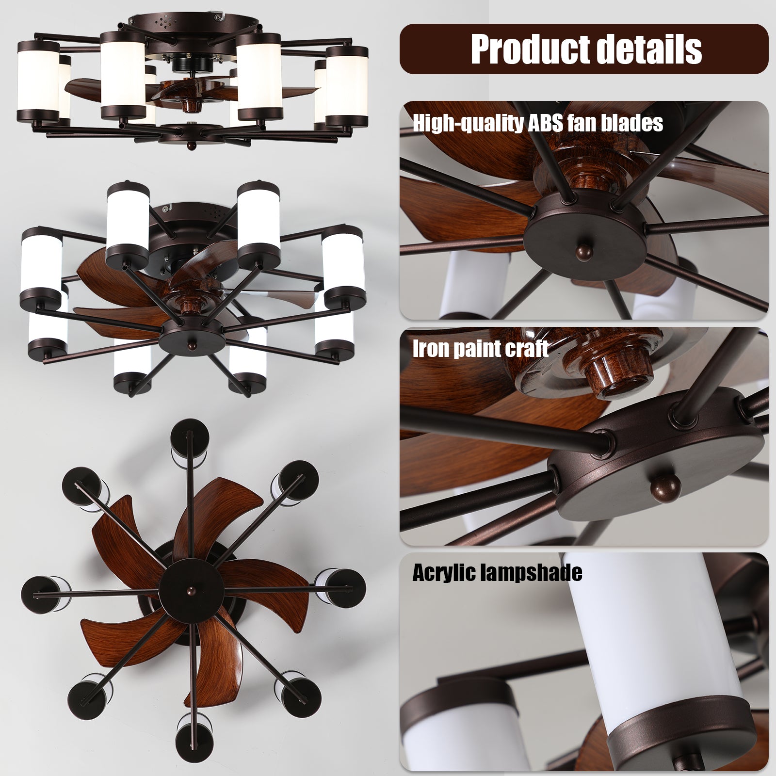 Ceiling Fan 21.7" With Dimmable Light Dc Motor And 6 Speeds Reversible With Remote Control Flush Mount Low Profile Indoor With 5 Blade For Living Room, Bedroom Coffee Abs Iron