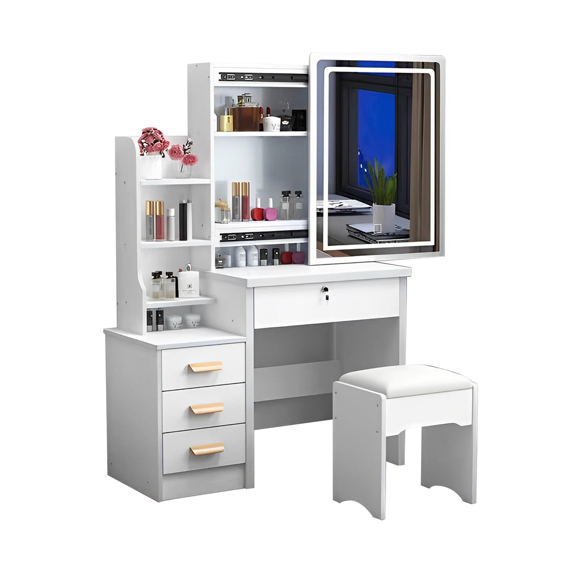 Fashion Vanity Desk With Mirror And Lights For Makeup And Chair, Vanity Mirror With Lights And Table Set With 3 Color Lighting Brightness Adjustable, 4 Drawers, White Color White Mdf