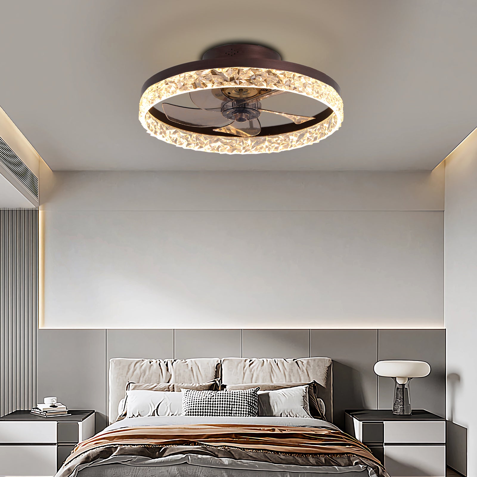 Low Profile Ceiling Fan With Light And Remote Control, Dimmable Led Ceiling Fan, 6 Speeds, Timing Reversible Blades, Brown, 20" Brown Modern Abs Aluminium