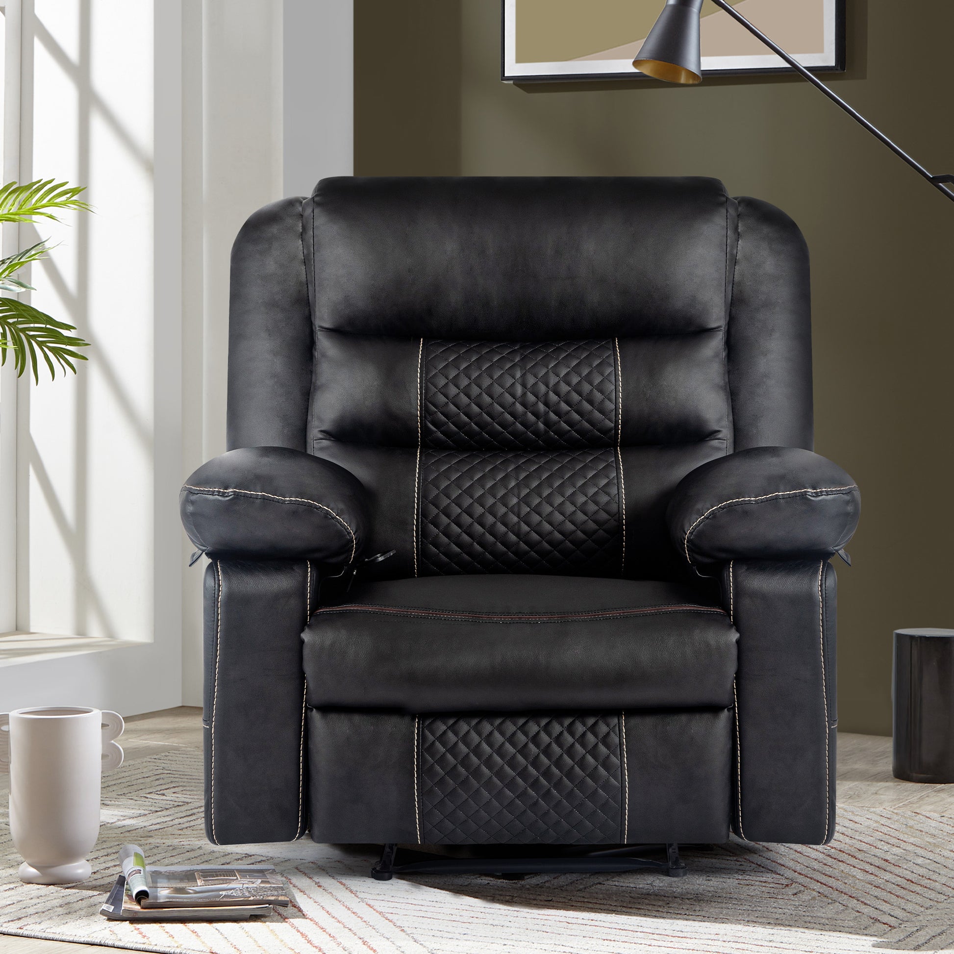 Leather Massage Recliner Chair, Manual Living Room Reclining Sofa Black Faux Leather Manual Handle Metal Primary Living Space Soft Cushion Back Heavy Duty American Traditional,Antique,Classic,Luxury,Mid Century Modern Pillow Top Arms Foam Pu Leather