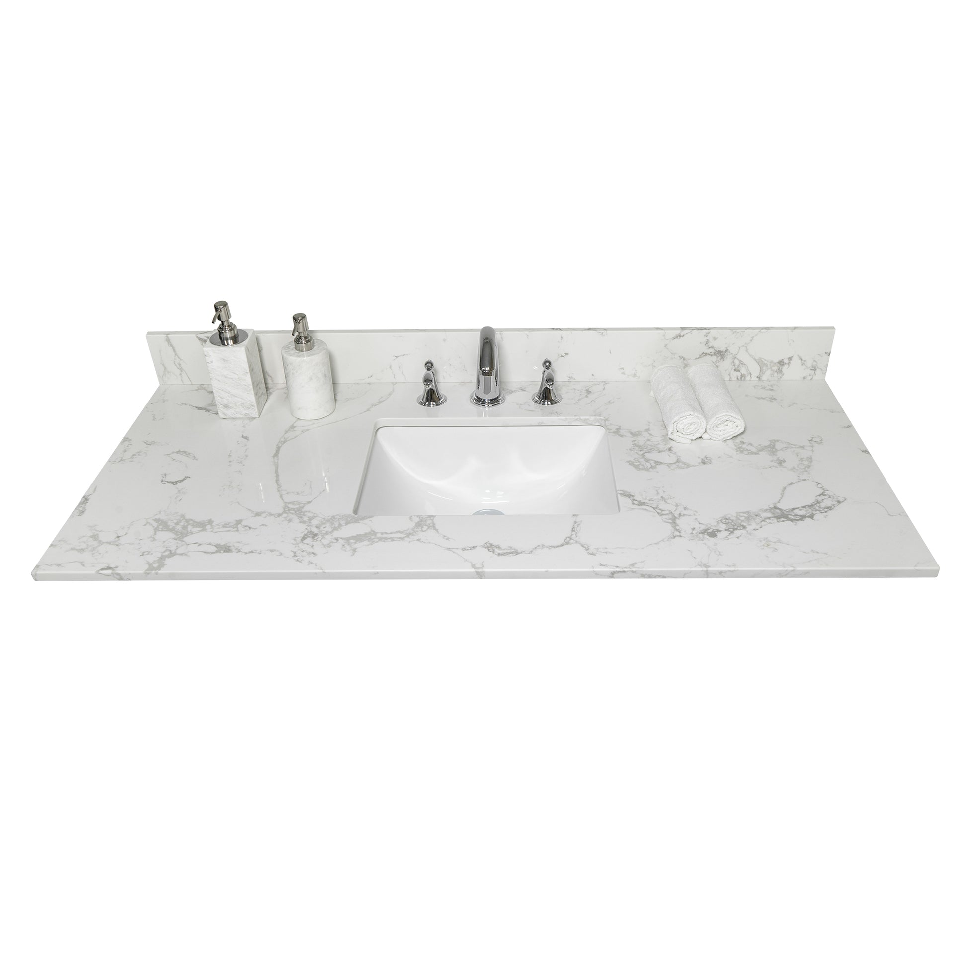 43X22 Bathroom Stone Vanity Top Engineered Stone Carrara White Marble Color With Rectangle Undermount Ceramic Sink And 3 Faucet Hole With Back Splash . Gray Stone