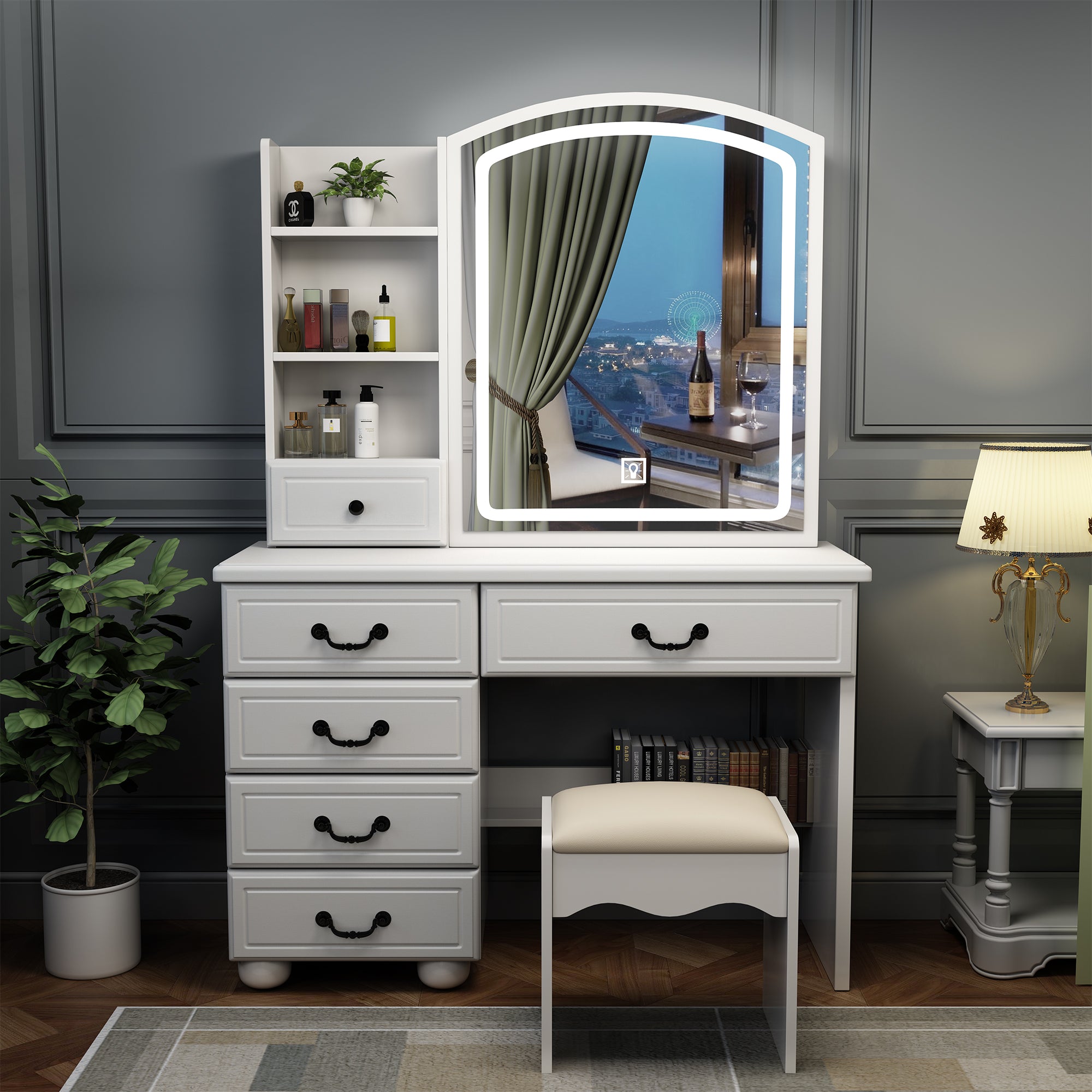 Fashion Vanity Desk With Mirror And Lights For Makeup, Vanity Mirror With Lights And Table Set With 3 Color Lighting Brightness Adjustable, 6 Drawers, White Color White Mdf