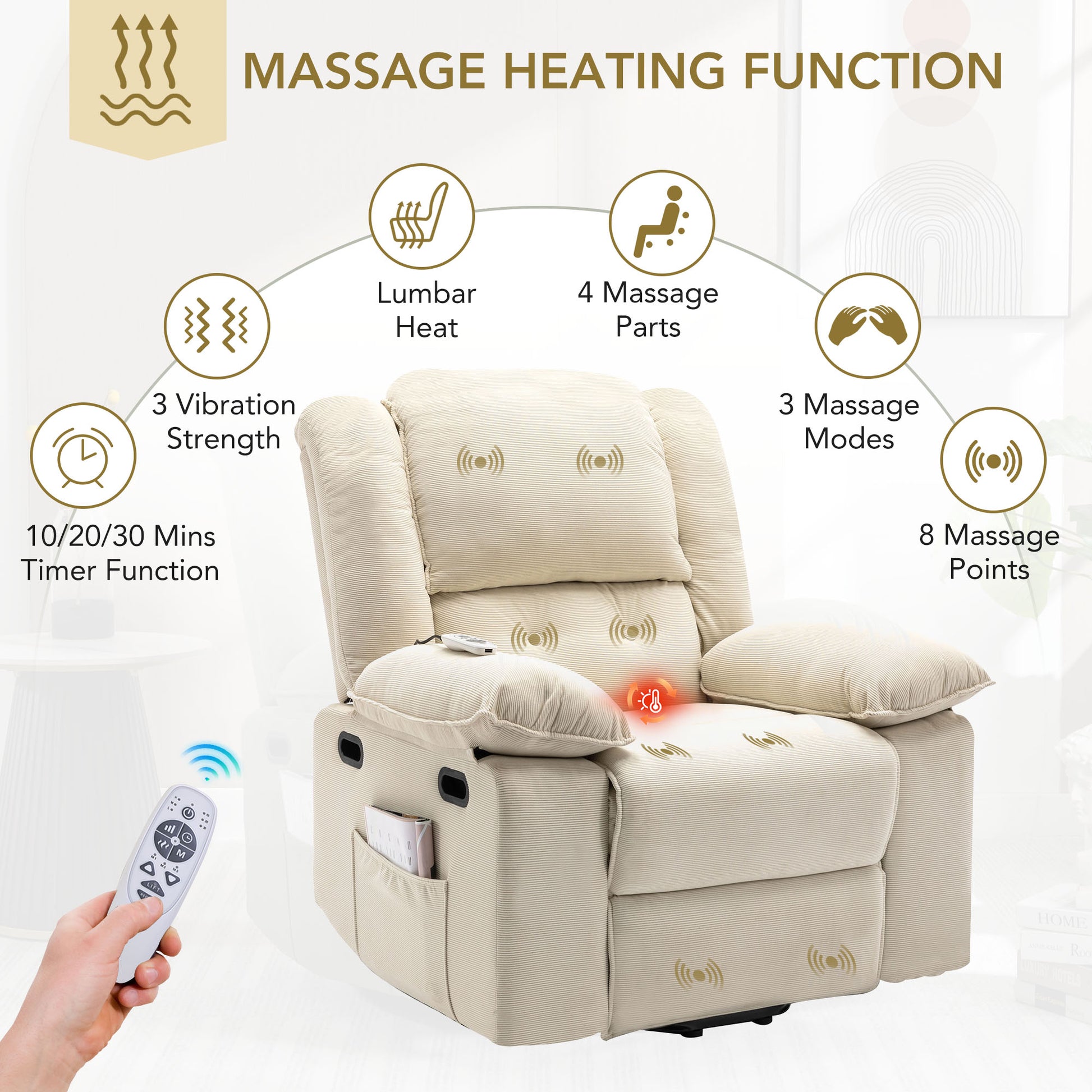 Massage Recliner,Power Lift Chair For Elderly With Adjustable Massage And Heating Function,Recliner Chair With Infinite Position And Side Pocket For Living Room ,Beige Beige Foam Corduroy