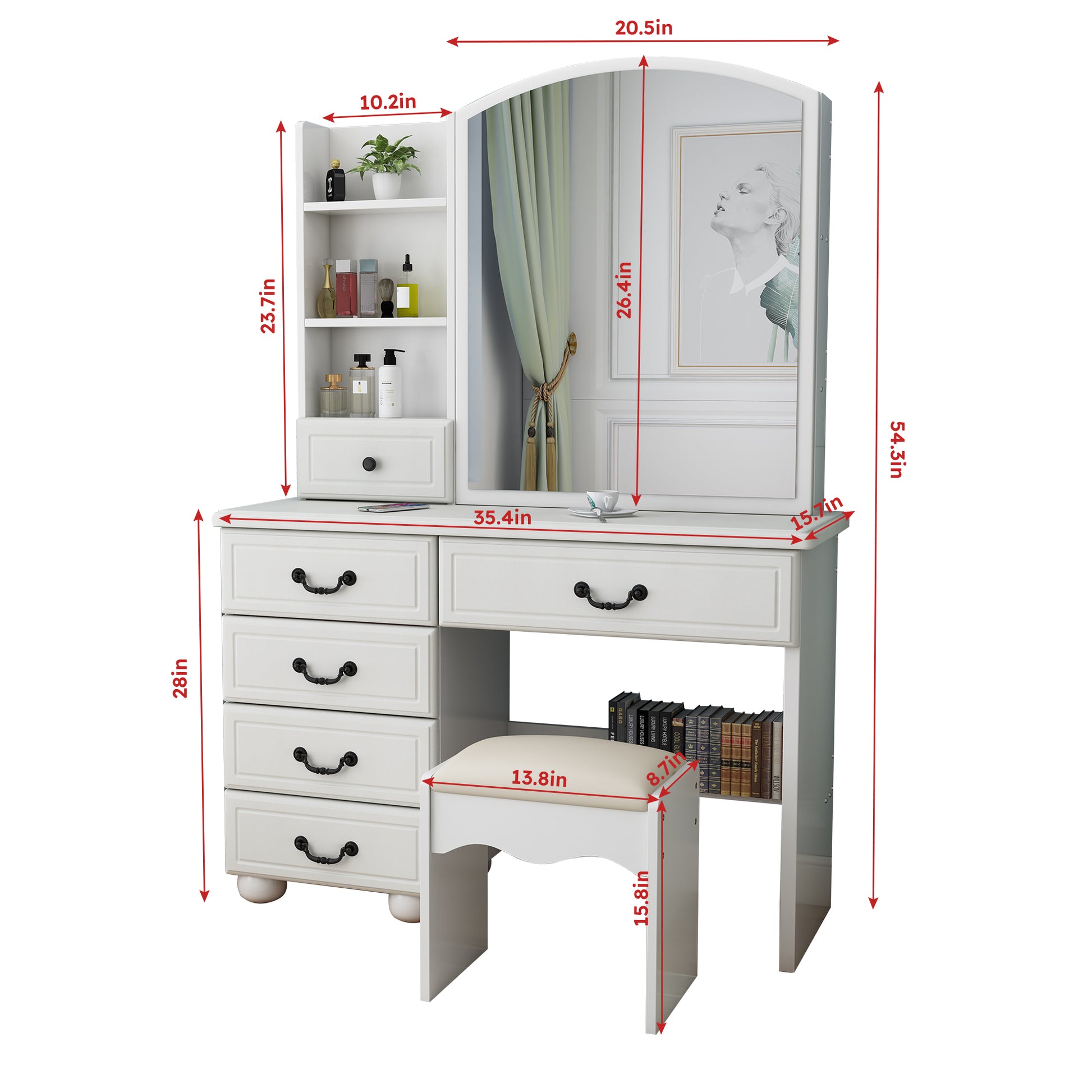 Fashion Vanity Desk With Mirror And Lights For Makeup, Vanity Mirror With Lights And Table Set With 3 Color Lighting Brightness Adjustable, 6 Drawers, White Color White Mdf