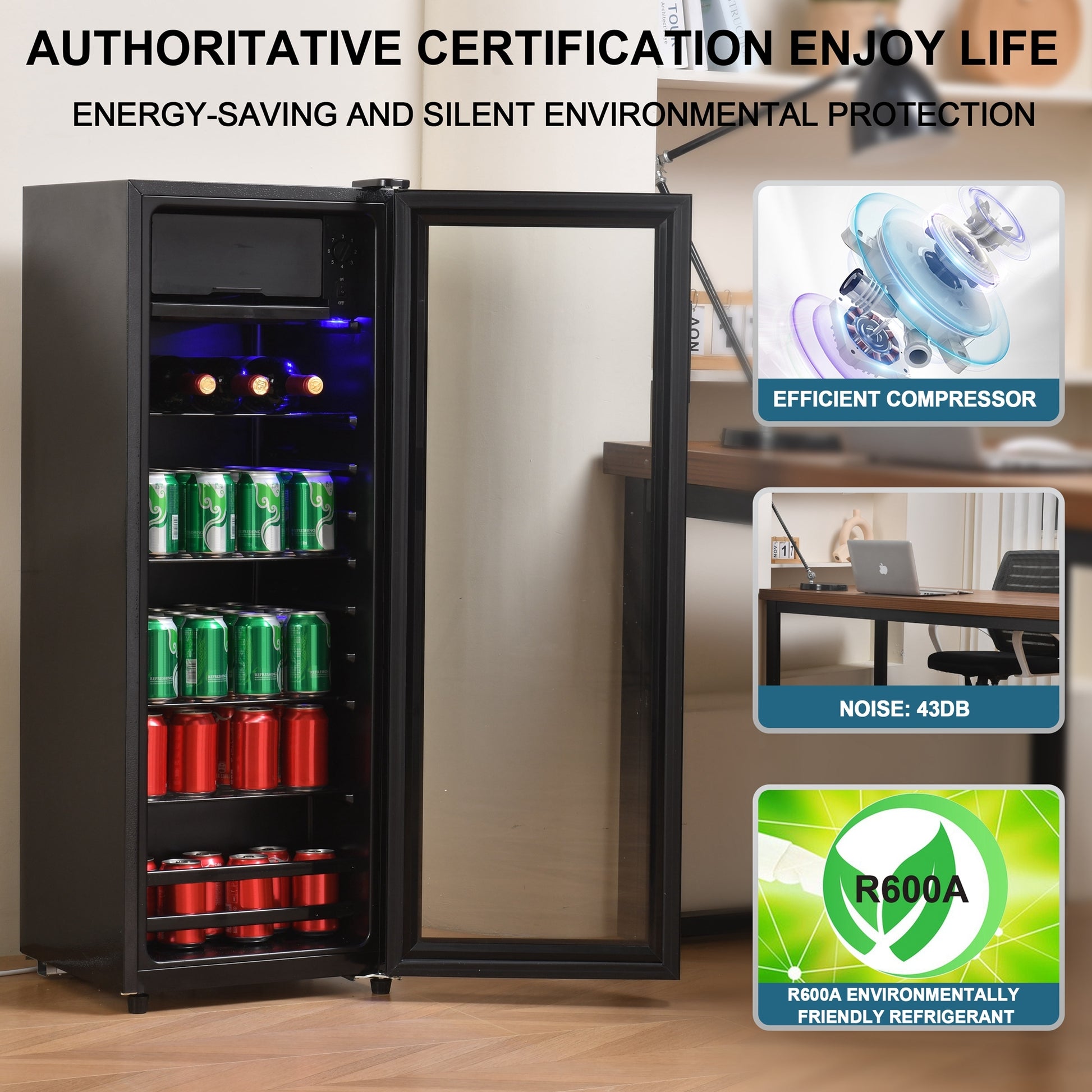 4.5Cu.Ft Mini Fridge, 0.3Cu.Ft Freezer, Up To 94 Cans Of Soda, Beer Or Wine. Silent, High Efficiency And Energy Saving Compressor, Led Lighting, 16.10" 15.70" 43.10", Home, Rv, Apartment, Office, Etc. Black Iron