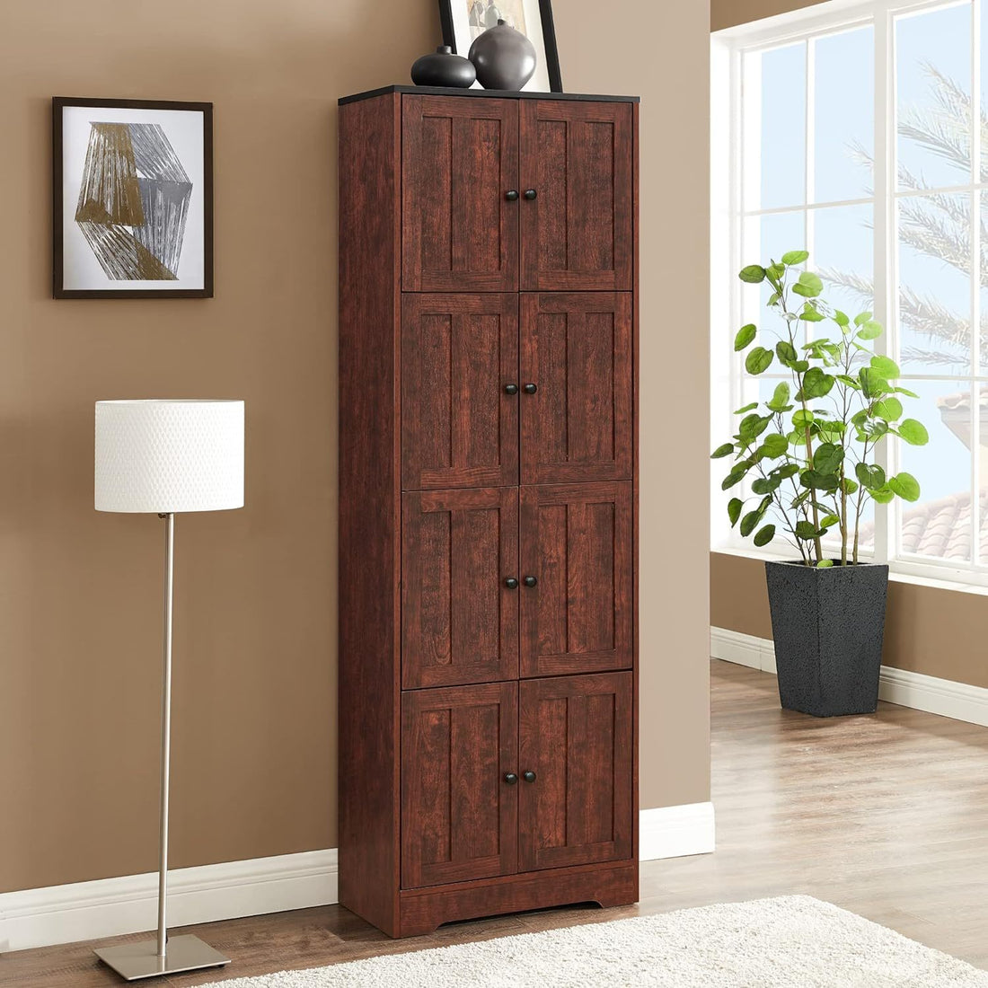 Tall Storage Cabinet With 8 Doors And 4 Shelves, Wall Storage Cabinet For Living Room, Kitchen, Office, Bedroom, Bathroom, Walnut Walnut Mdf Mdf