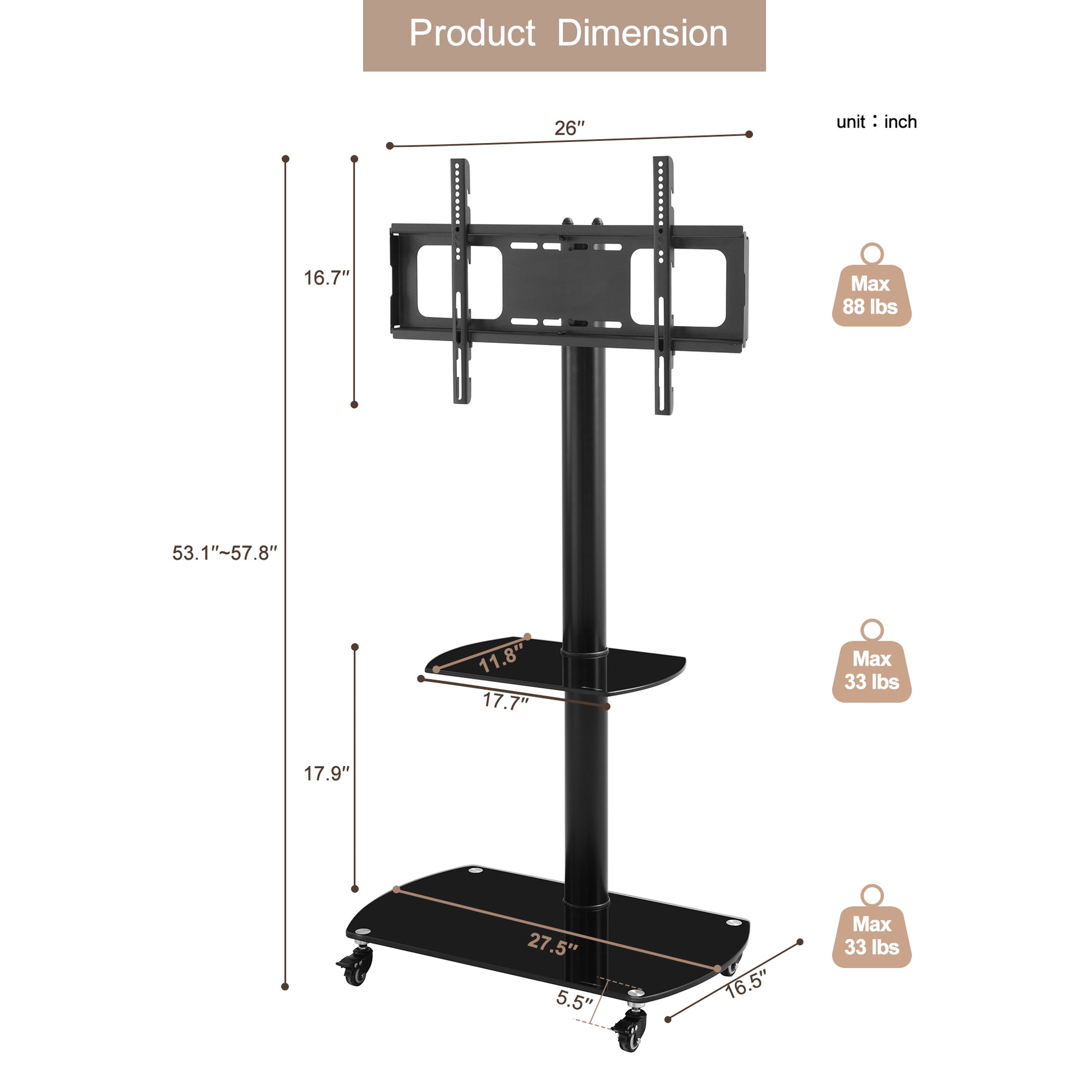 Height And Angle Adjustable Multi Function Tempered Glass Metal Frame Floor With Lockable Wheels Mobile Tv Stand, Lcd Plasma Tv Bracket 2 Tier Tempered Glass Shelves For Multiple Media Devices Black Glass