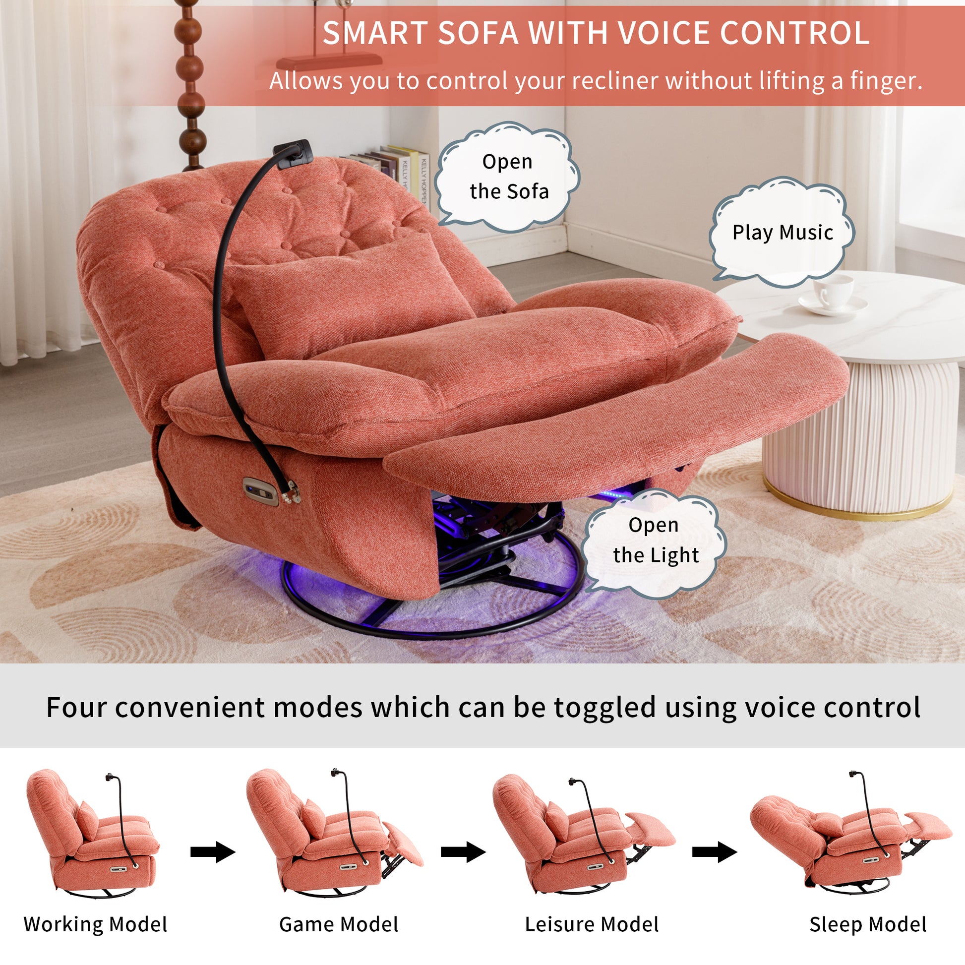 270 Degree Swivel Power Recliner With Voice Control, Bluetooth Music Player,Usb Ports, Atmosphere Lamp, Hidden Arm Storage And Mobile Phone Holder For Living Room, Bedroom, Apartment, Red Red Foam Linen