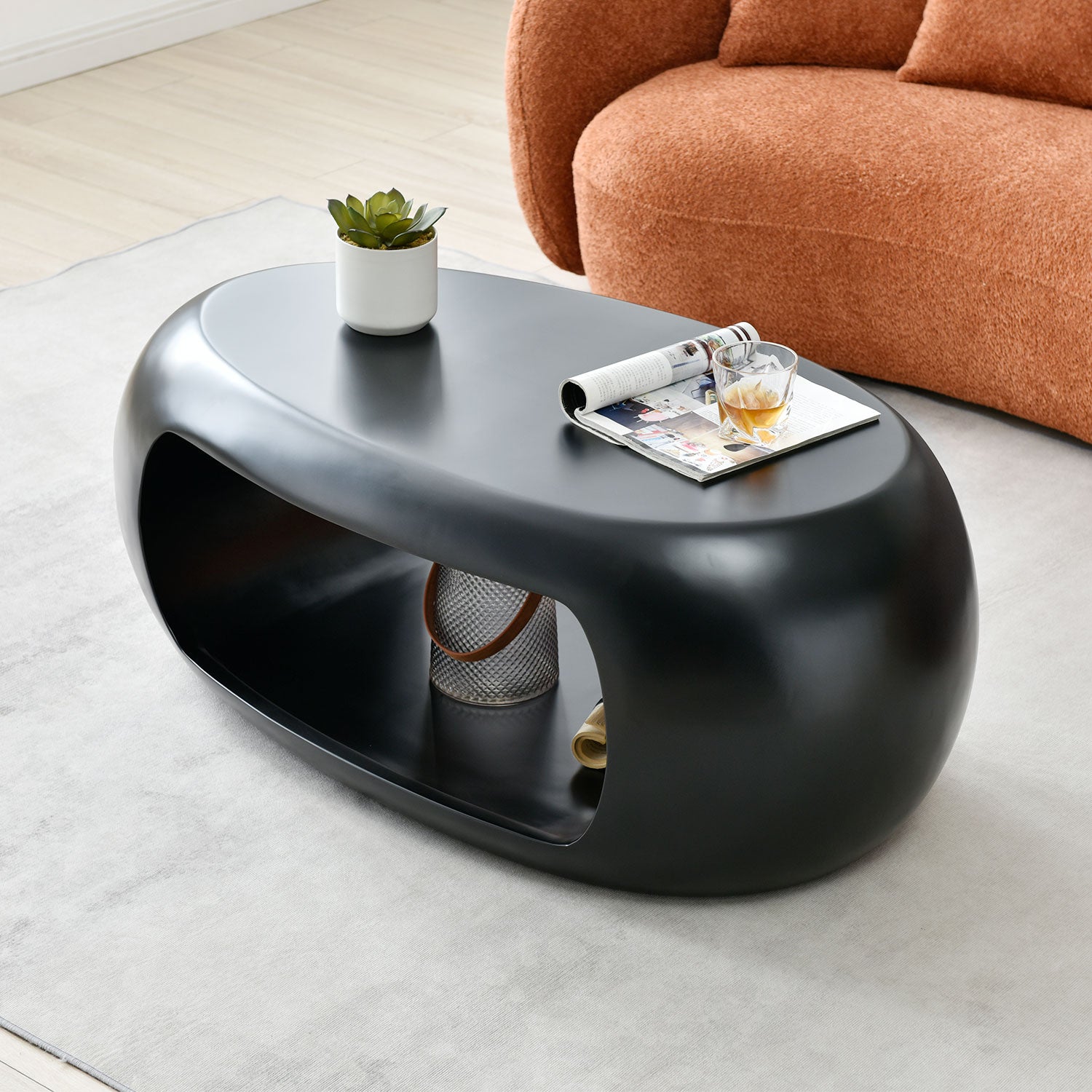 39.37'' Oval Coffee Table, Sturdy Fiberglass Table For Living Room, No Need Assembly Black Matt Black Fiberglass