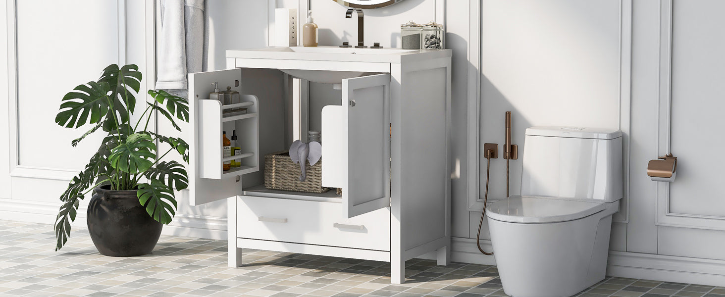 30" White Bathroom Vanity With Single Sink, Combo Cabinet Undermount Sink, Bathroom Storage Cabinet With 2 Doors And A Drawer, Soft Closing, Multifunctional Storage, Solid Wood Frame White Solid Wood Mdf Resin