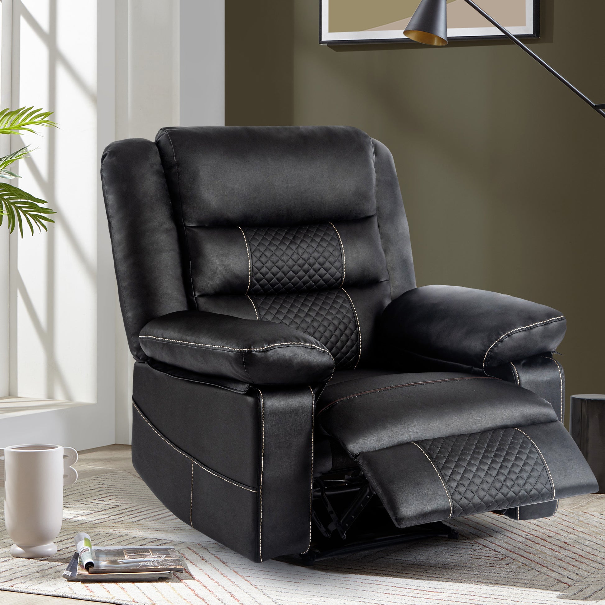 Leather Massage Recliner Chair, Manual Living Room Reclining Sofa Black Faux Leather Manual Handle Metal Primary Living Space Soft Cushion Back Heavy Duty American Traditional,Antique,Classic,Luxury,Mid Century Modern Pillow Top Arms Foam Pu Leather