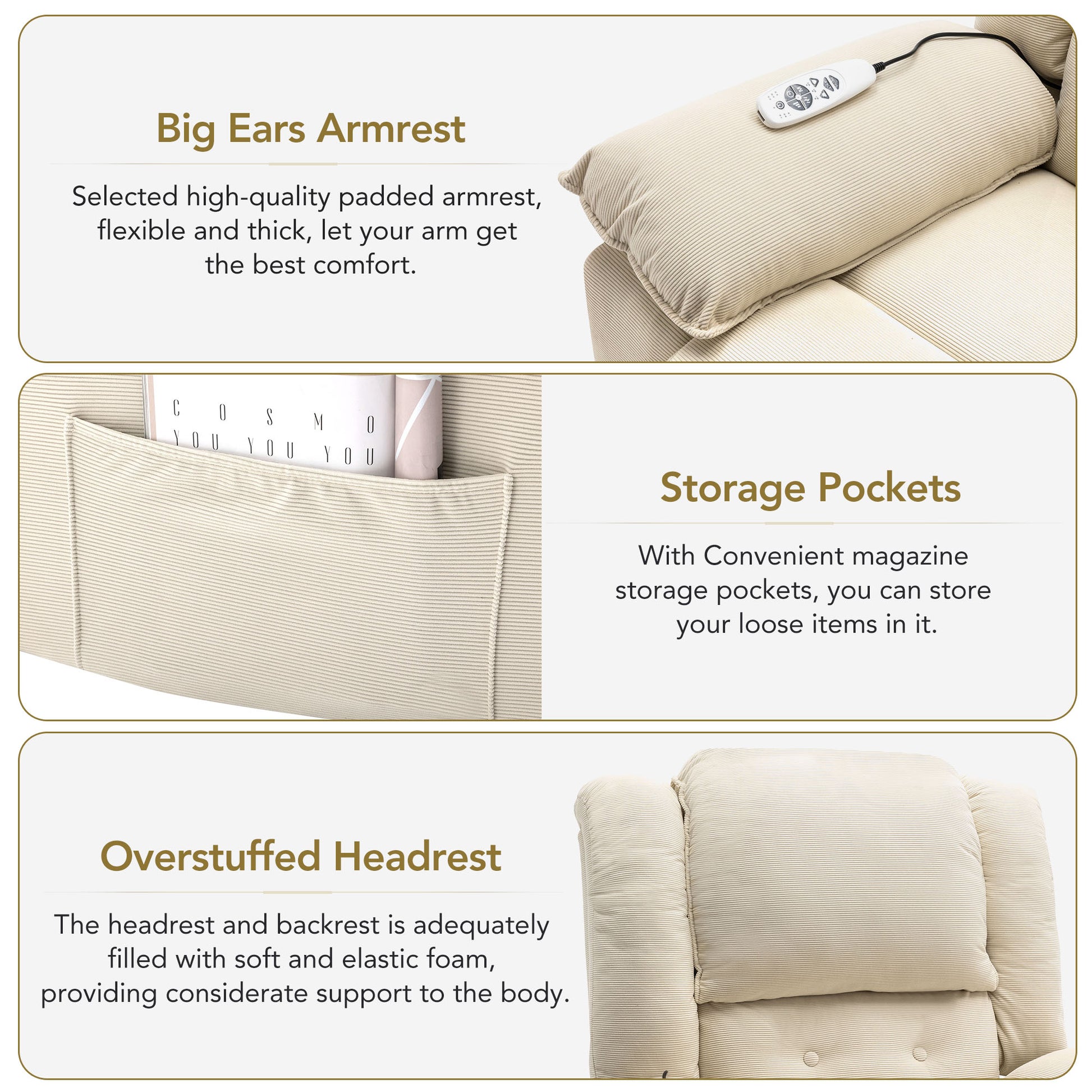 Massage Recliner,Power Lift Chair For Elderly With Adjustable Massage And Heating Function,Recliner Chair With Infinite Position And Side Pocket For Living Room ,Beige Beige Foam Corduroy