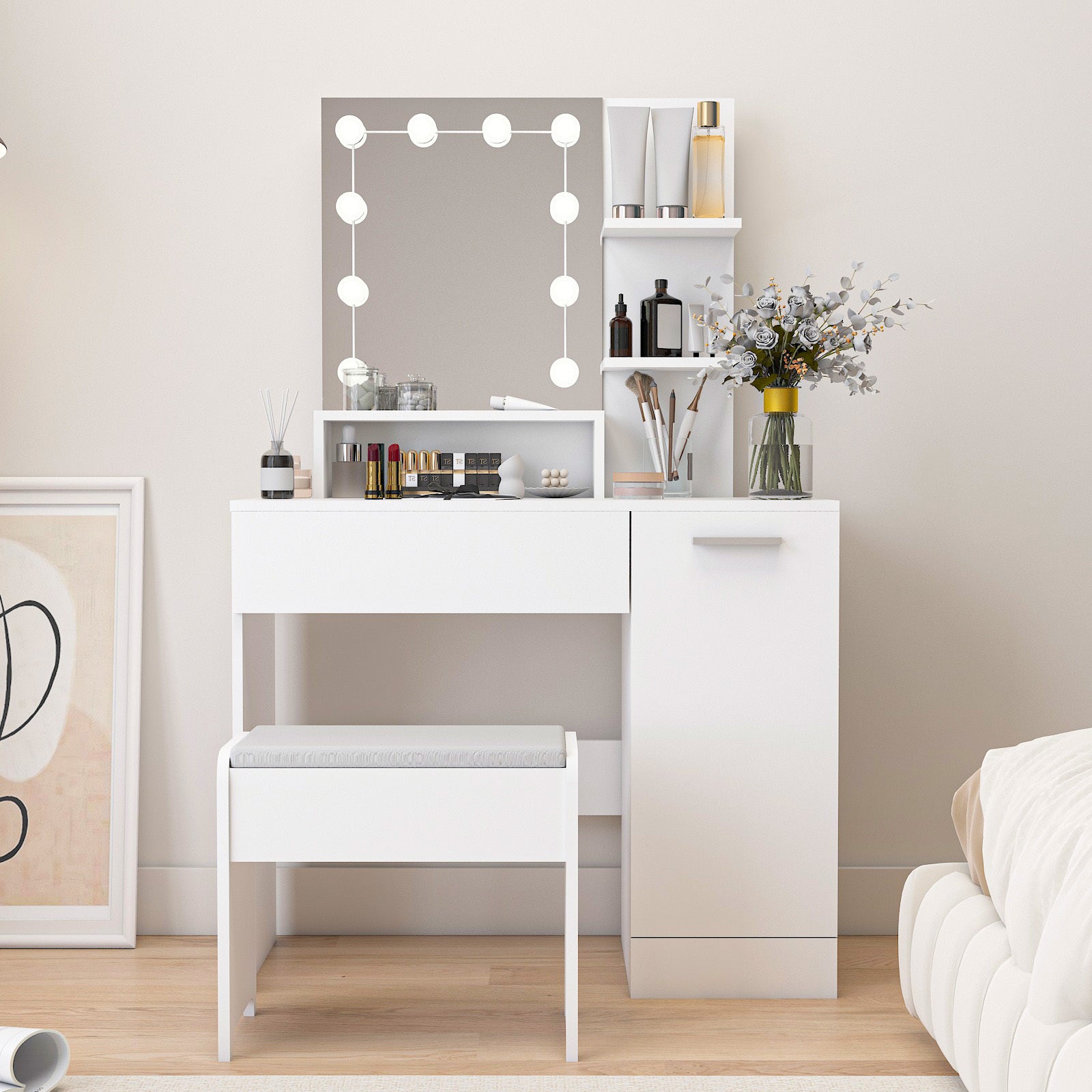 Makeup Vanity Table Set With Drawer And Storage Cabinet, Dressing Table With Vanity Cushioned Stool For Bedroom, Makeup Room White White Vanity Stools Bedroom Rectangular White American Design,American Traditional,Antique,Art Deco,Artsy Padded Seat Wood